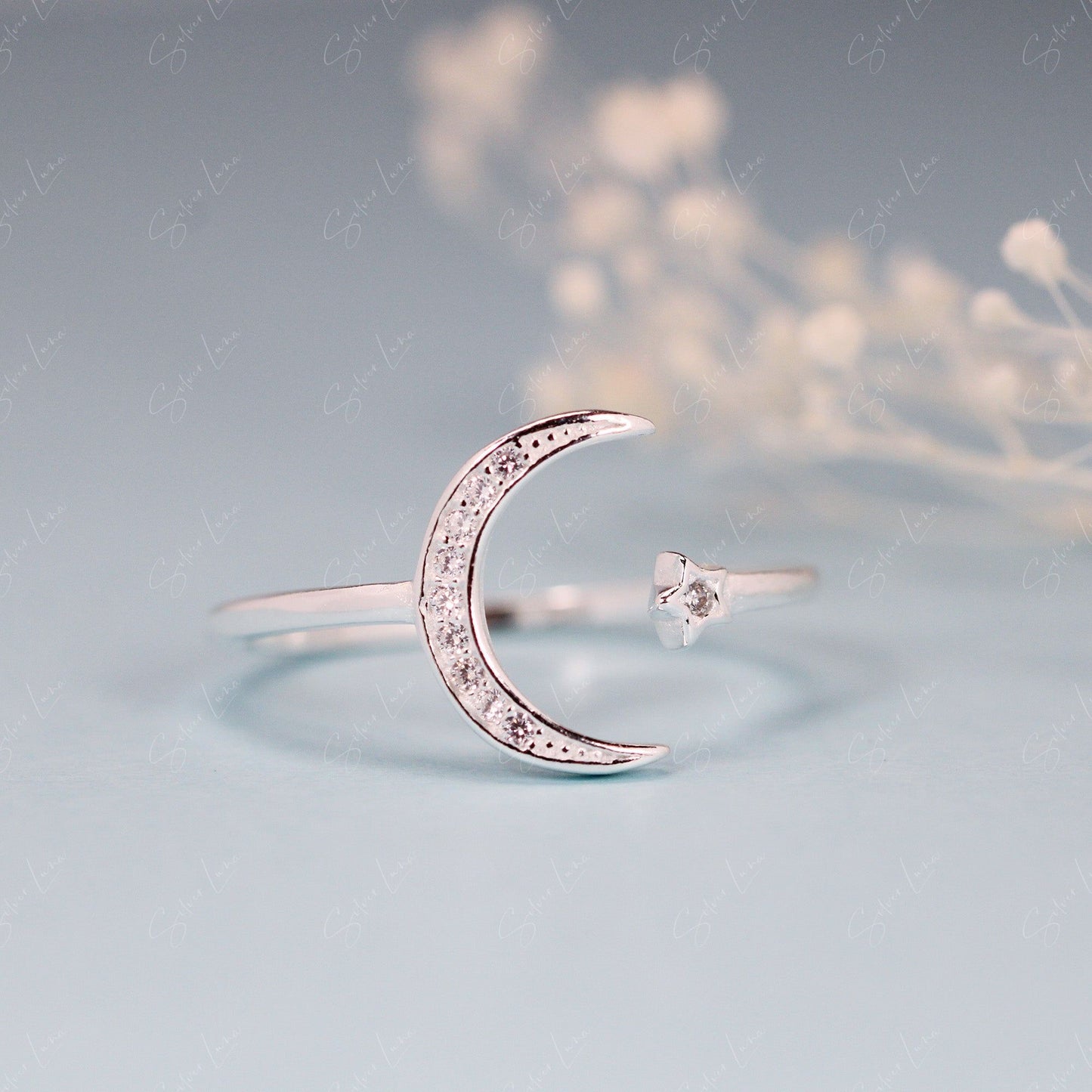 Crescent moon adjustable sterling silver ring