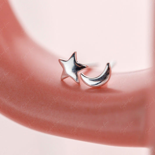 Tiny Star And Moon Stud Earrings