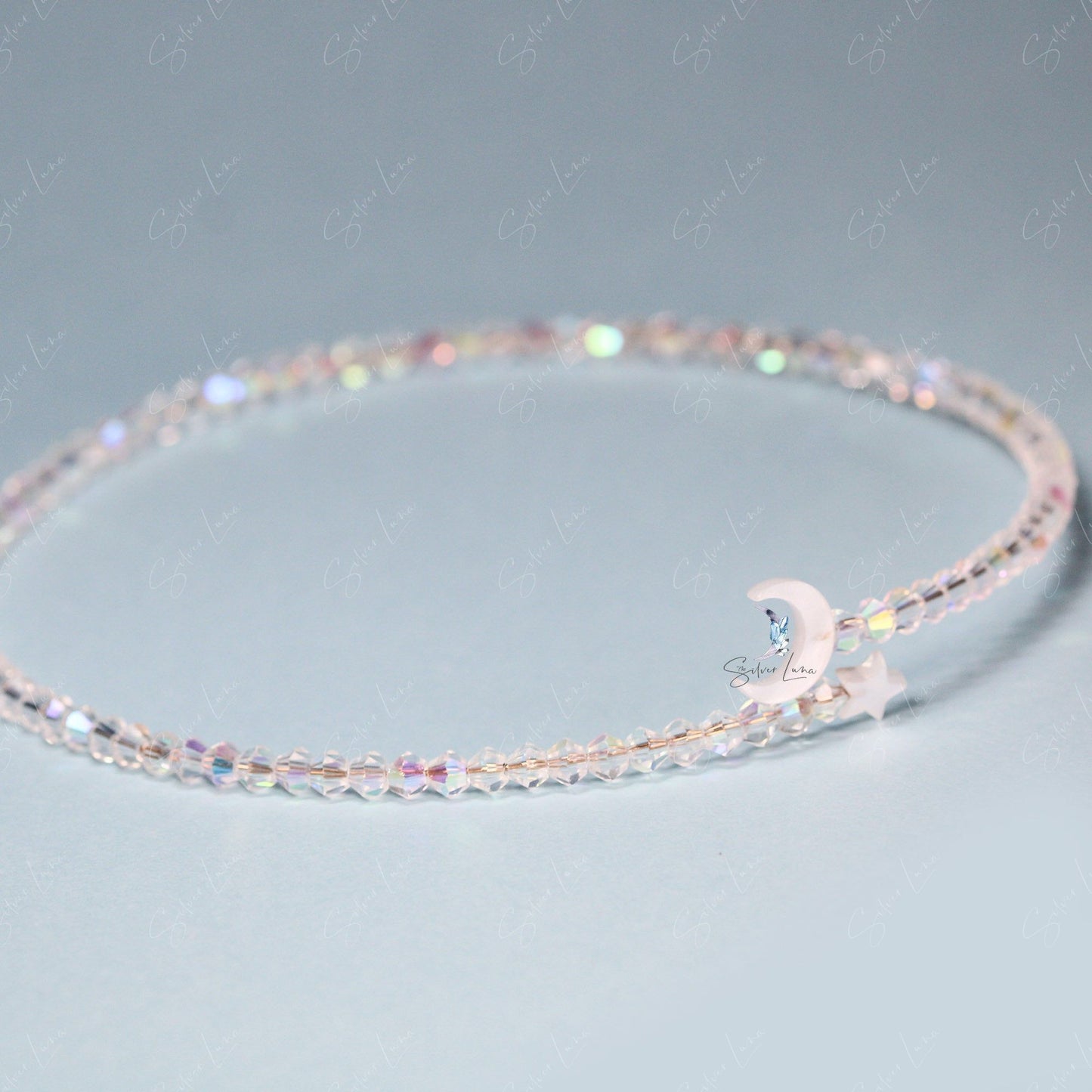 Moon and star crystal bead choker necklace