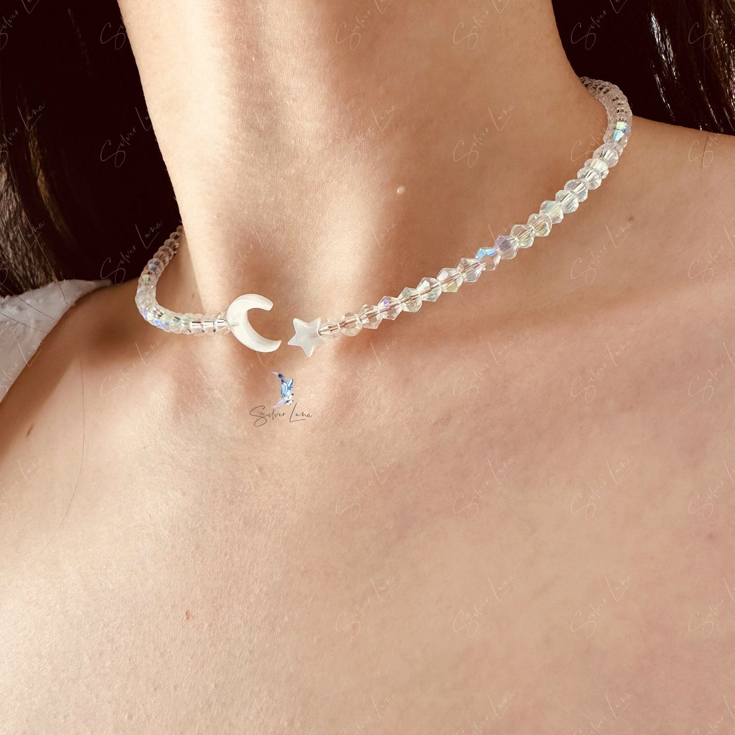 Moon and star crystal bead choker necklace