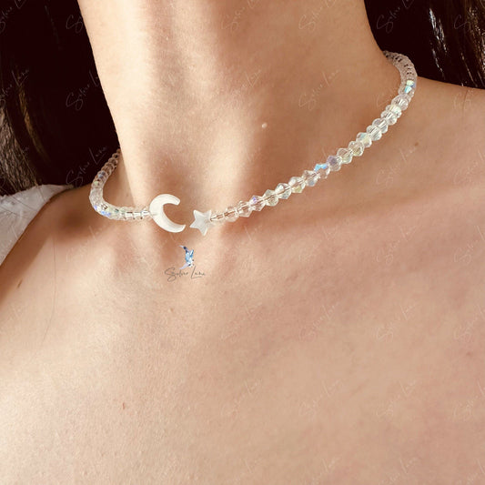 Moon and star crystal bead choker necklace