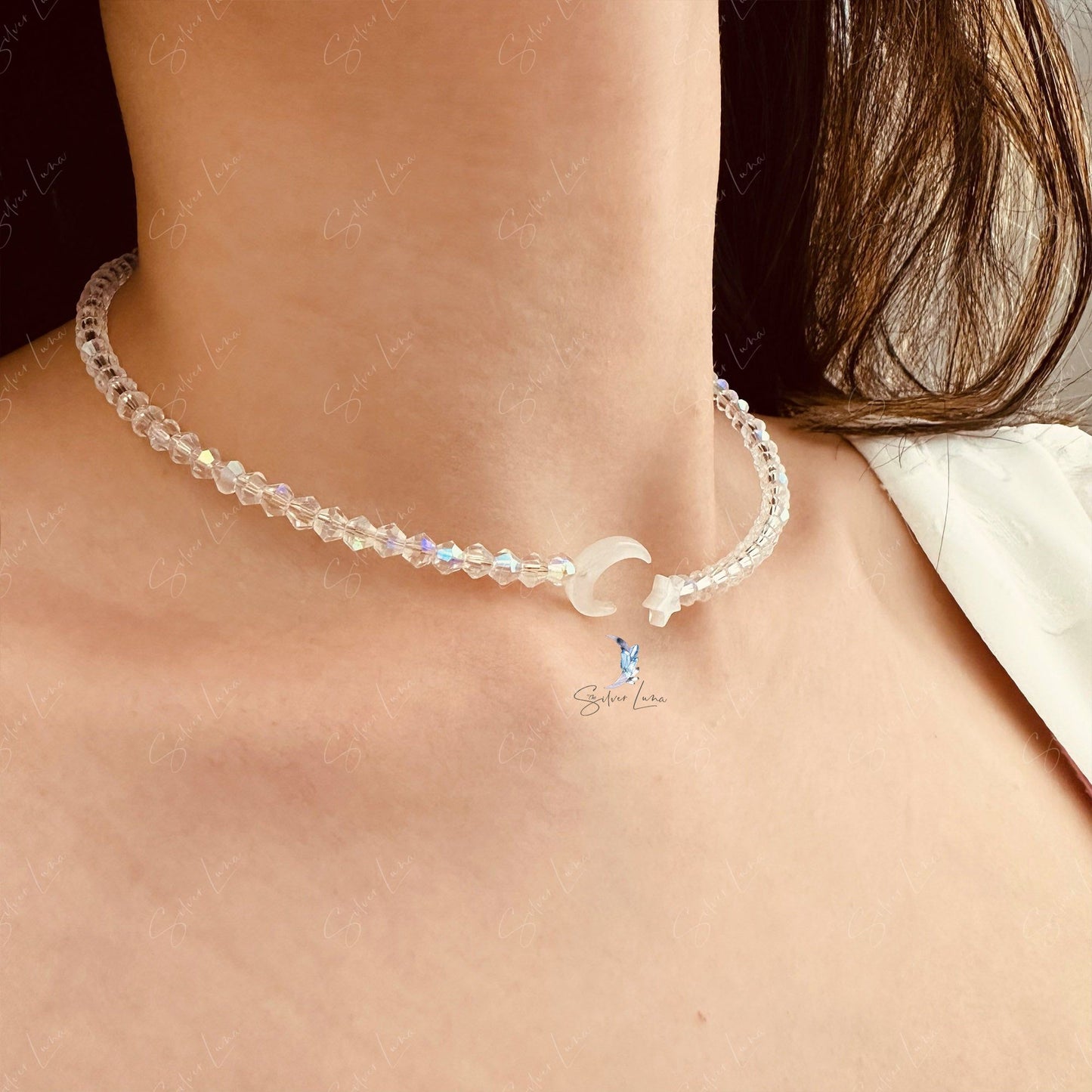 Moon and star crystal bead choker necklace