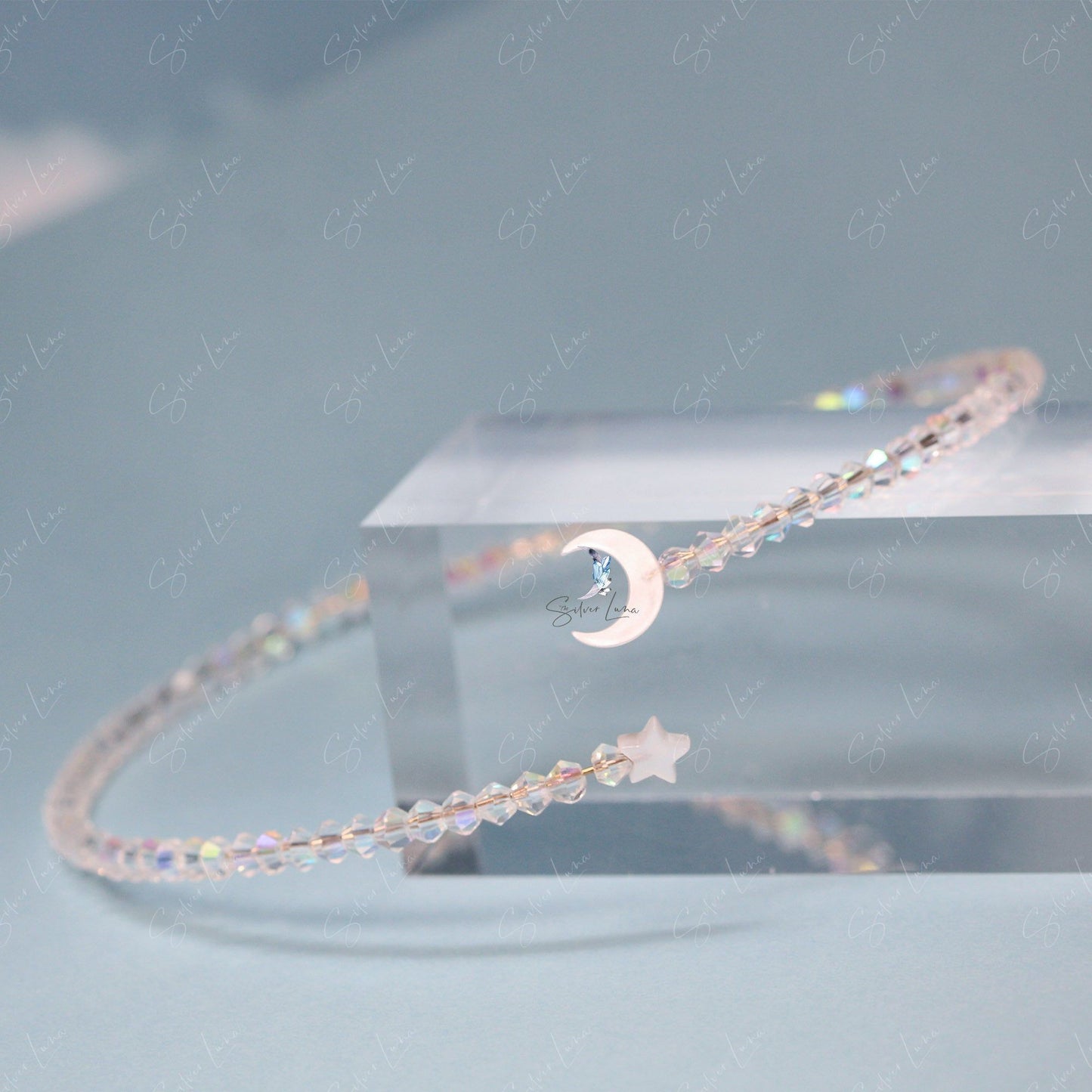 Moon and star crystal bead choker necklace