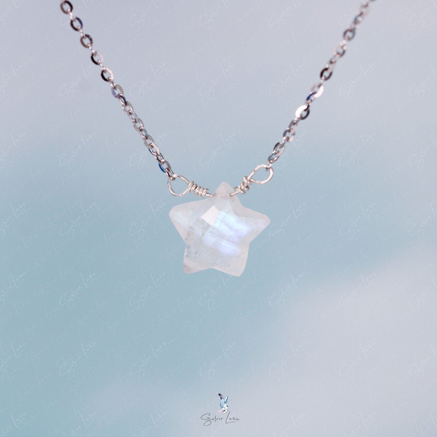 Star rainbow moonstone pendant silver necklace