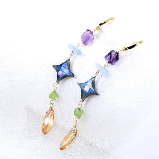 multi gemstone star labradorite long drop earrings