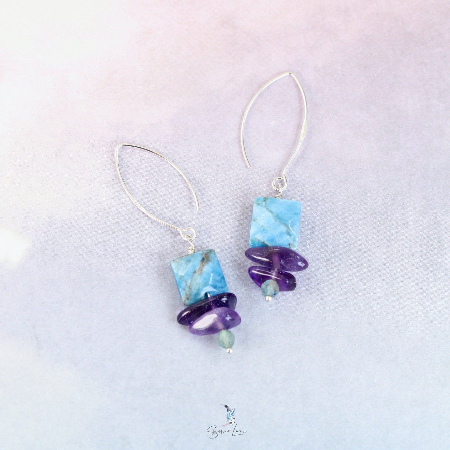 Apatite Amethyst Kyanite multi gemstone silver earrings