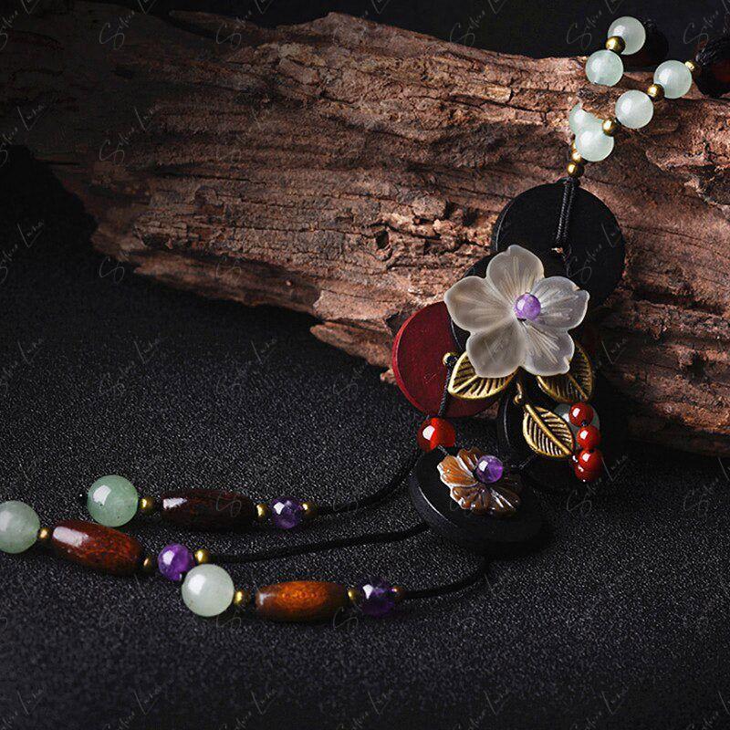 Long boho shell flower and natural stones necklace