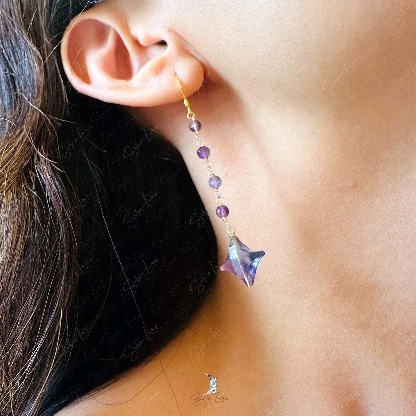Fluorite star and amethyst beads dangle drop earrings
