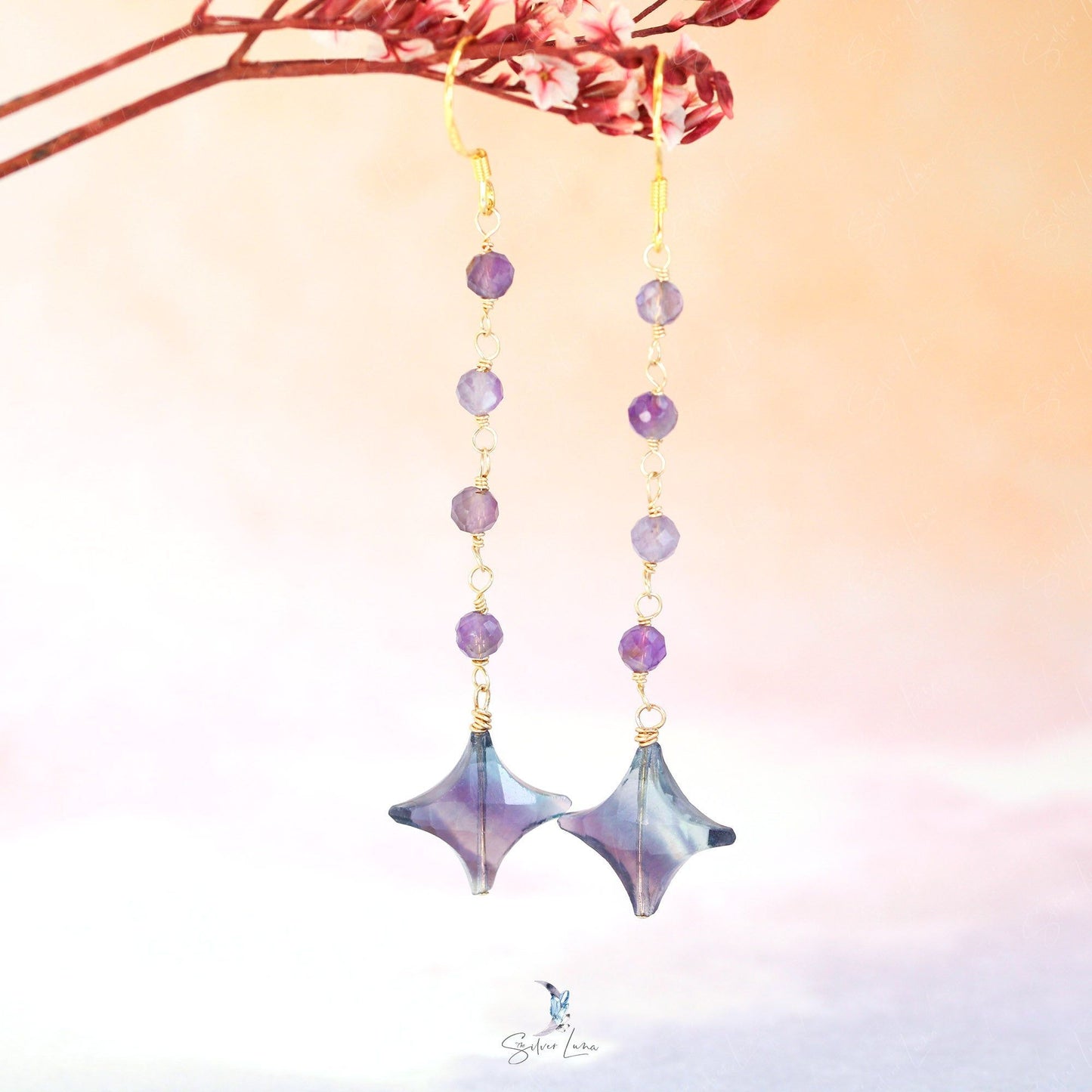 Fluorite star and amethyst beads dangle drop earrings