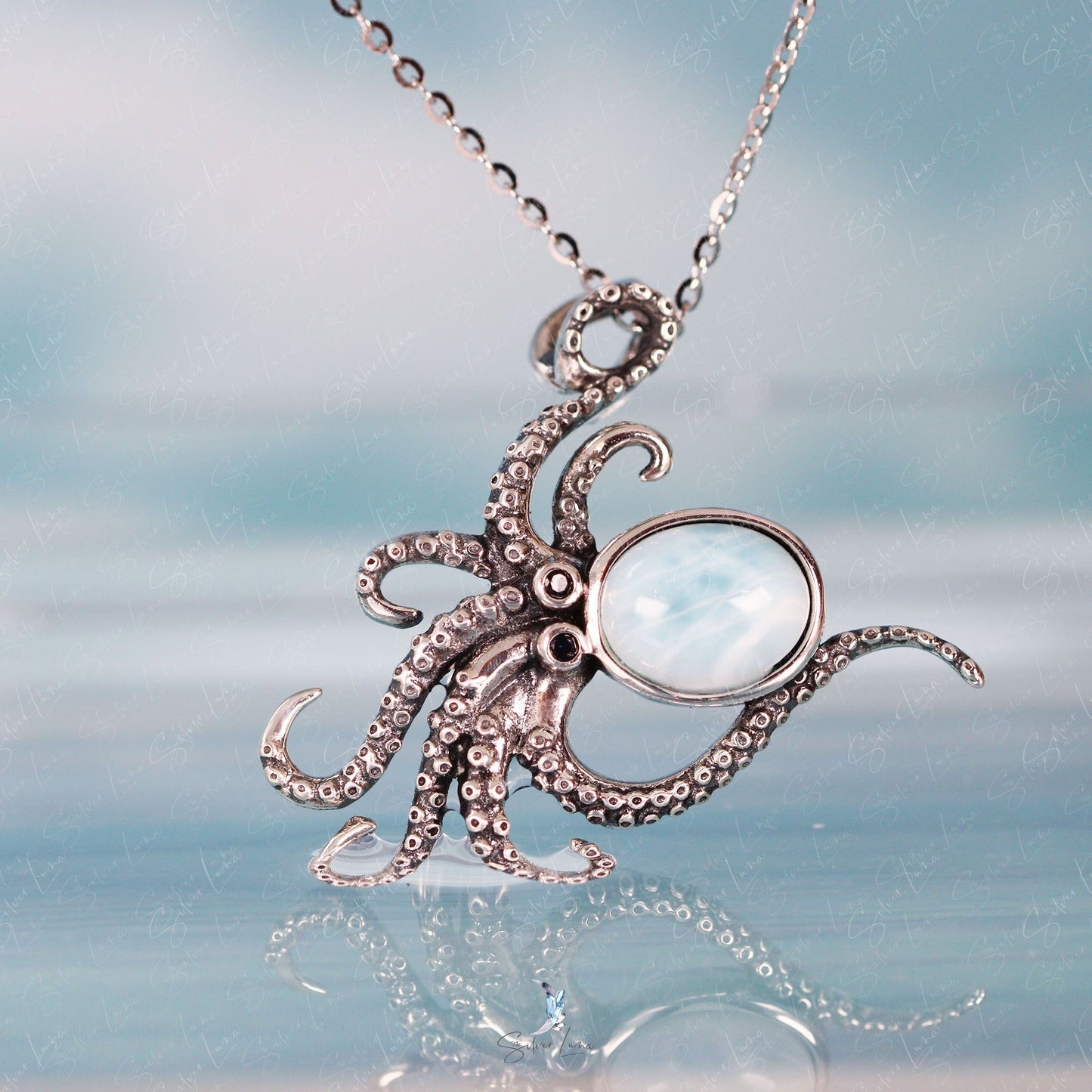 Octopus Larimar sterling silver pendant necklace
