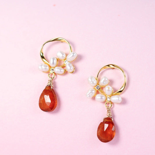 Orange Kyanite pearls drop earrings