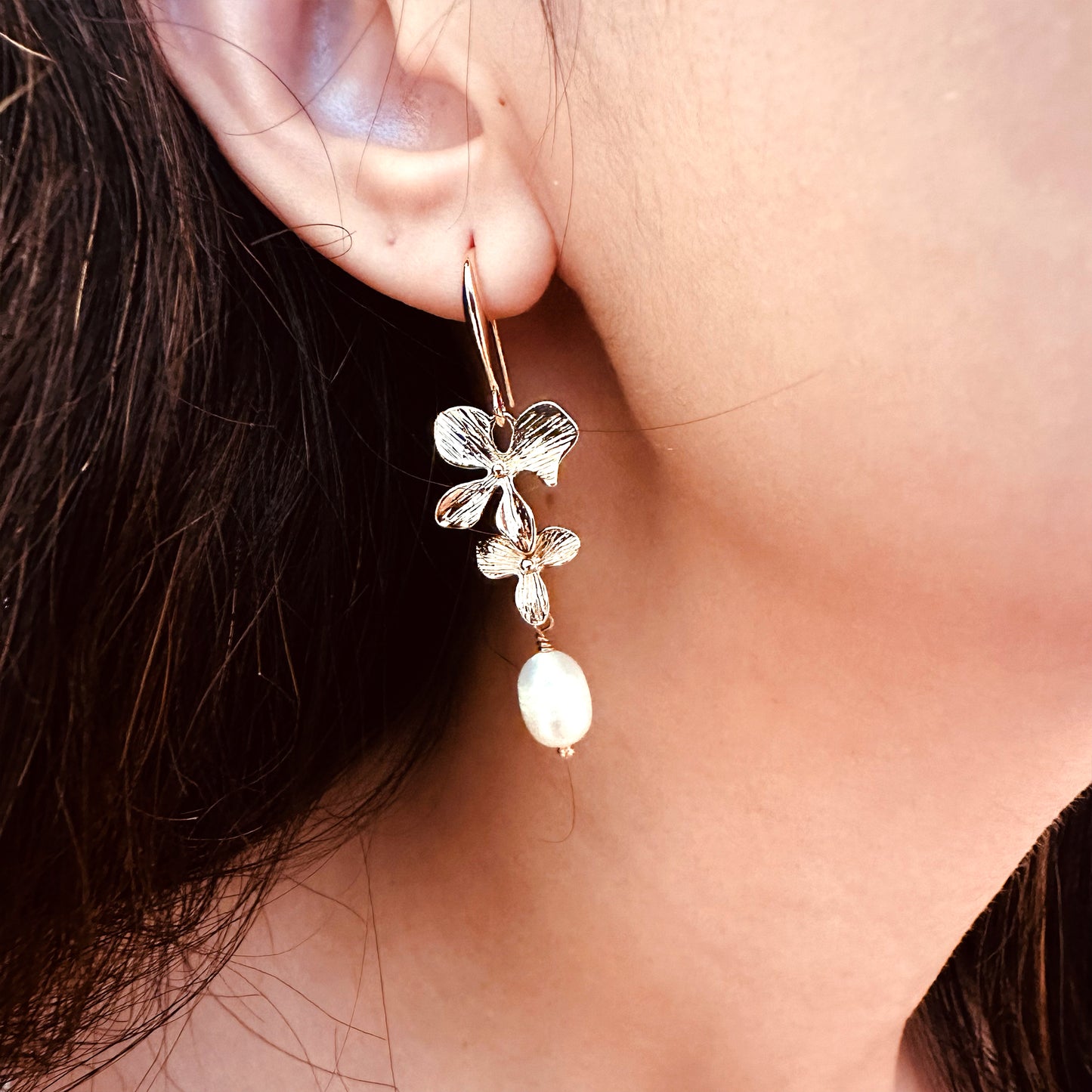 orchid flower pearl earrings