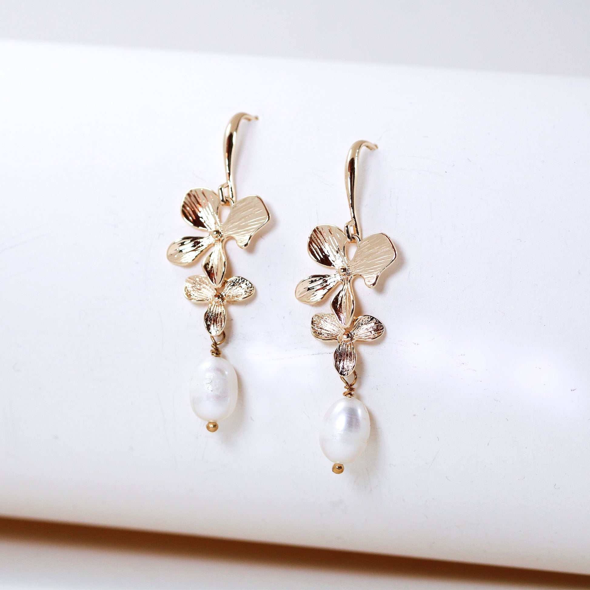 orchid flower pearl bridal earrings