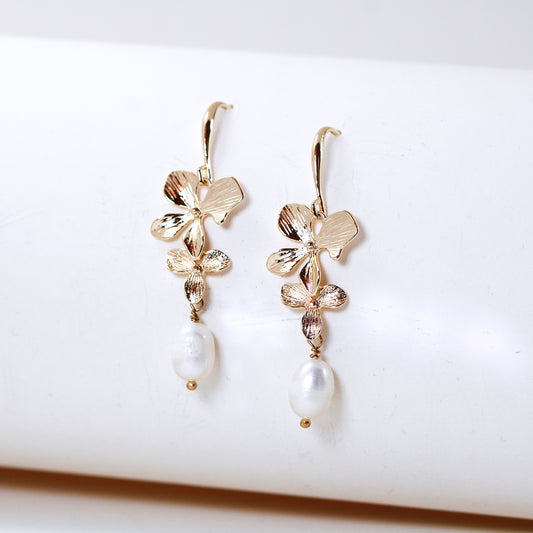 orchid flower pearl bridal earrings