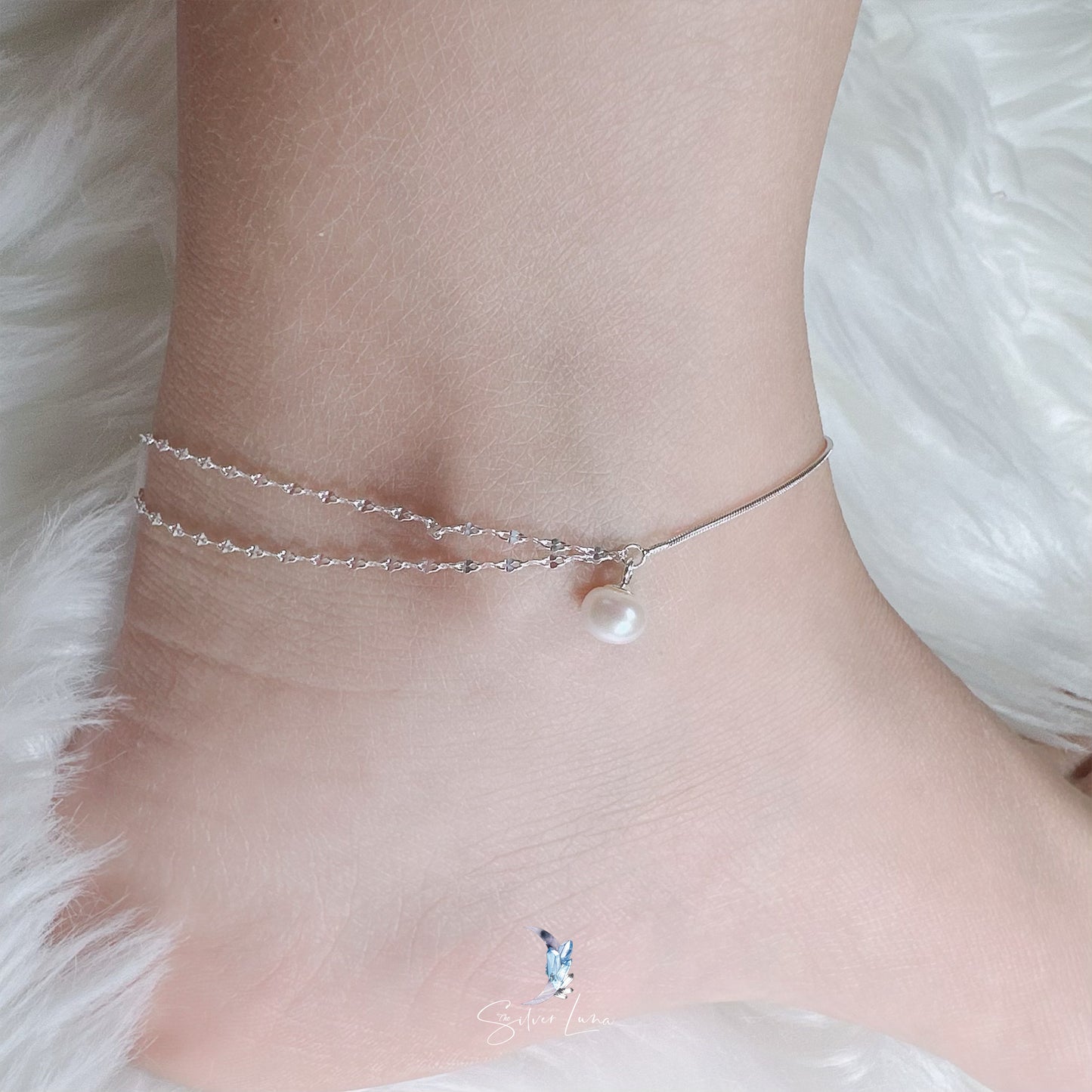 pearl drop sterling silver ankle bracelet