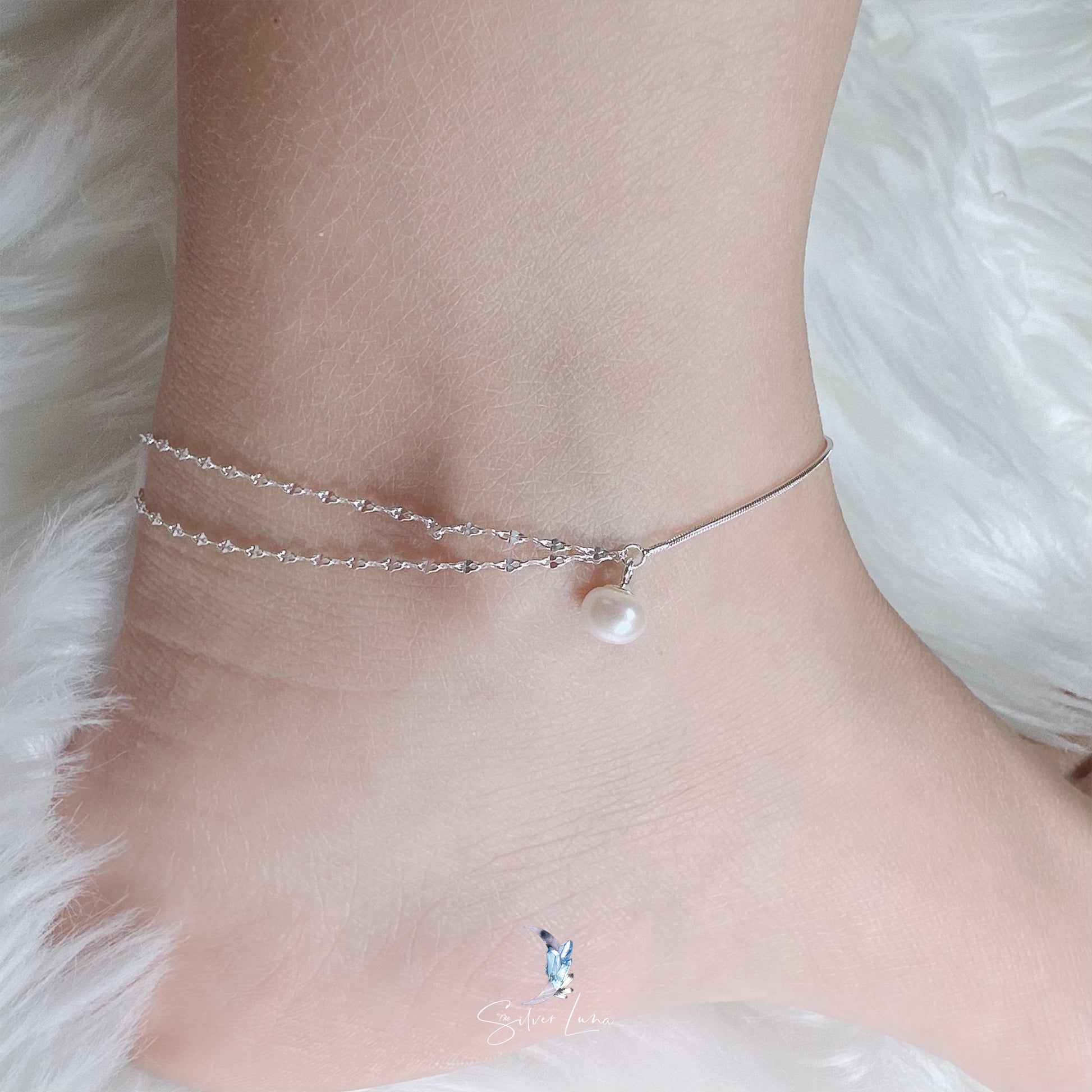 pearl drop sterling silver ankle bracelet