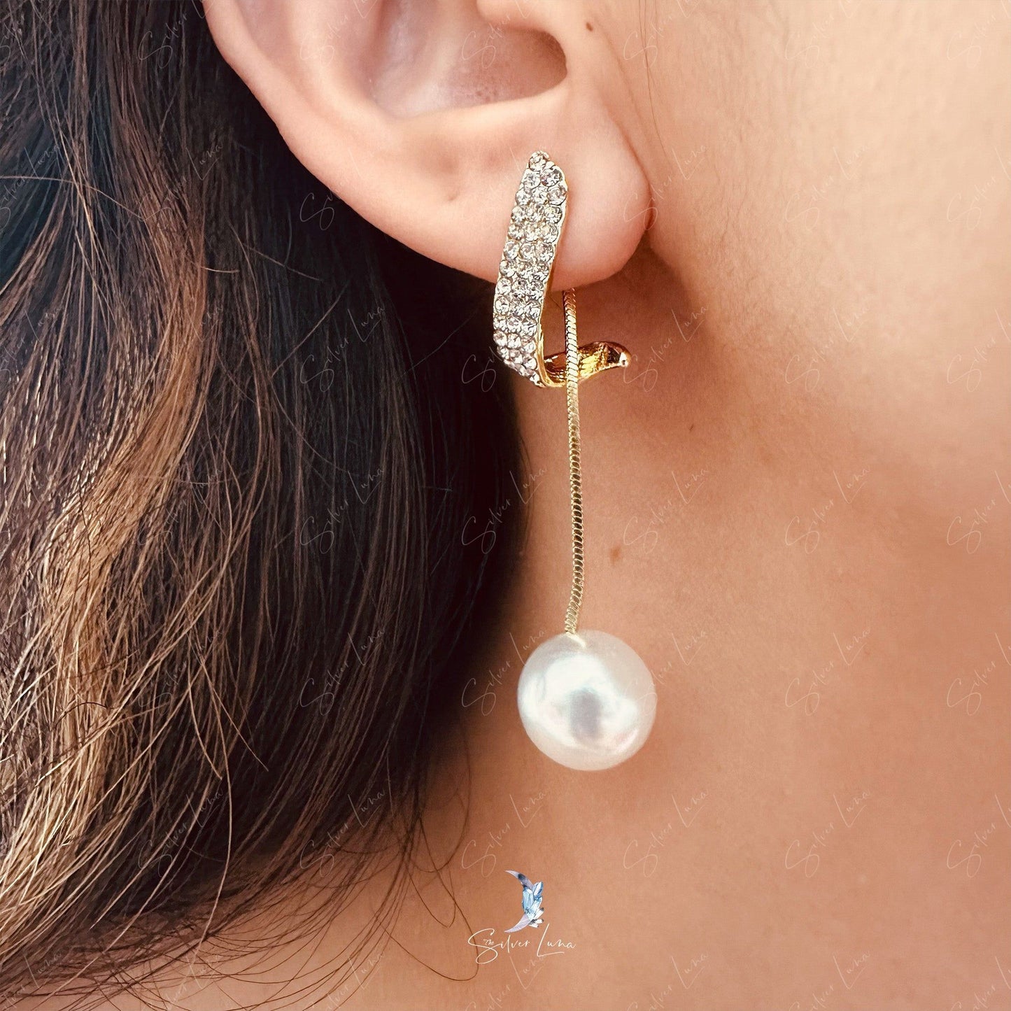 Pearl dangle drop rhinestone fashion earrings