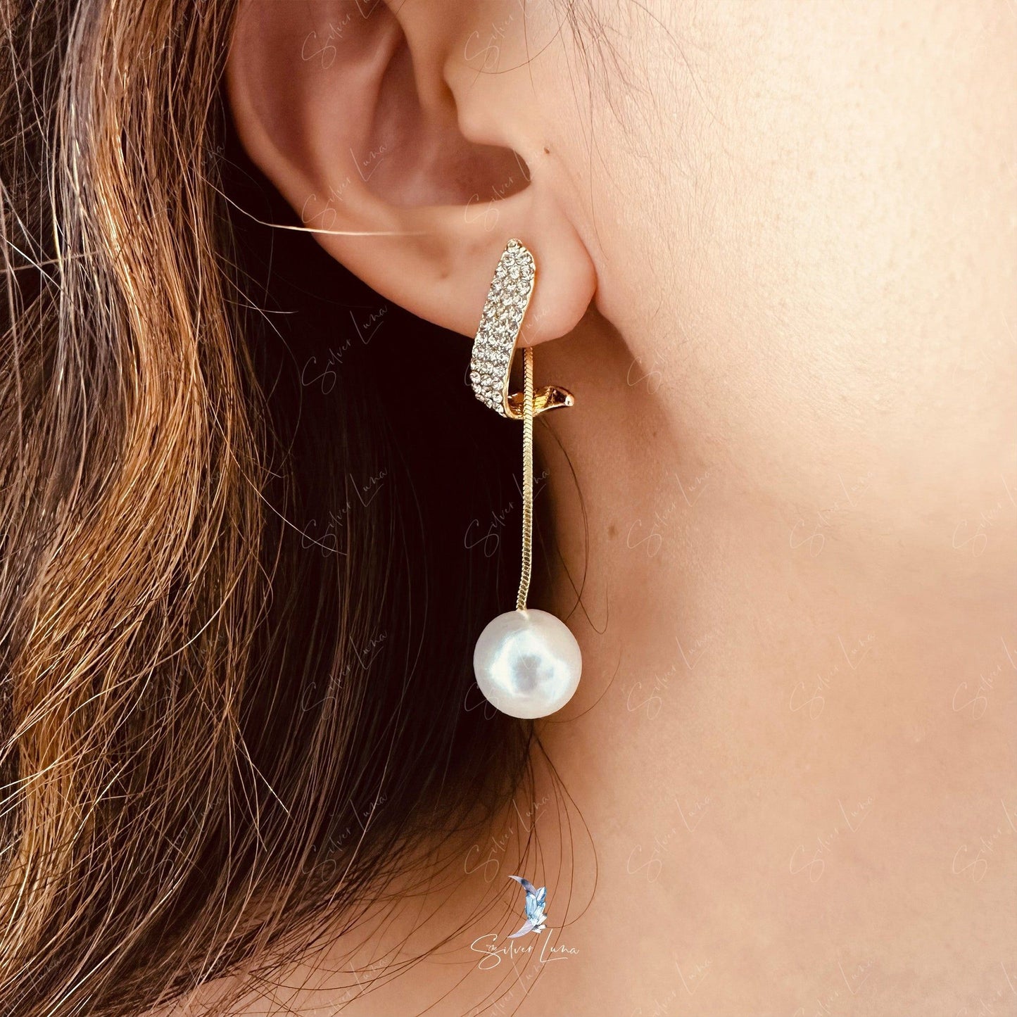Pearl dangle drop rhinestone fashion earrings
