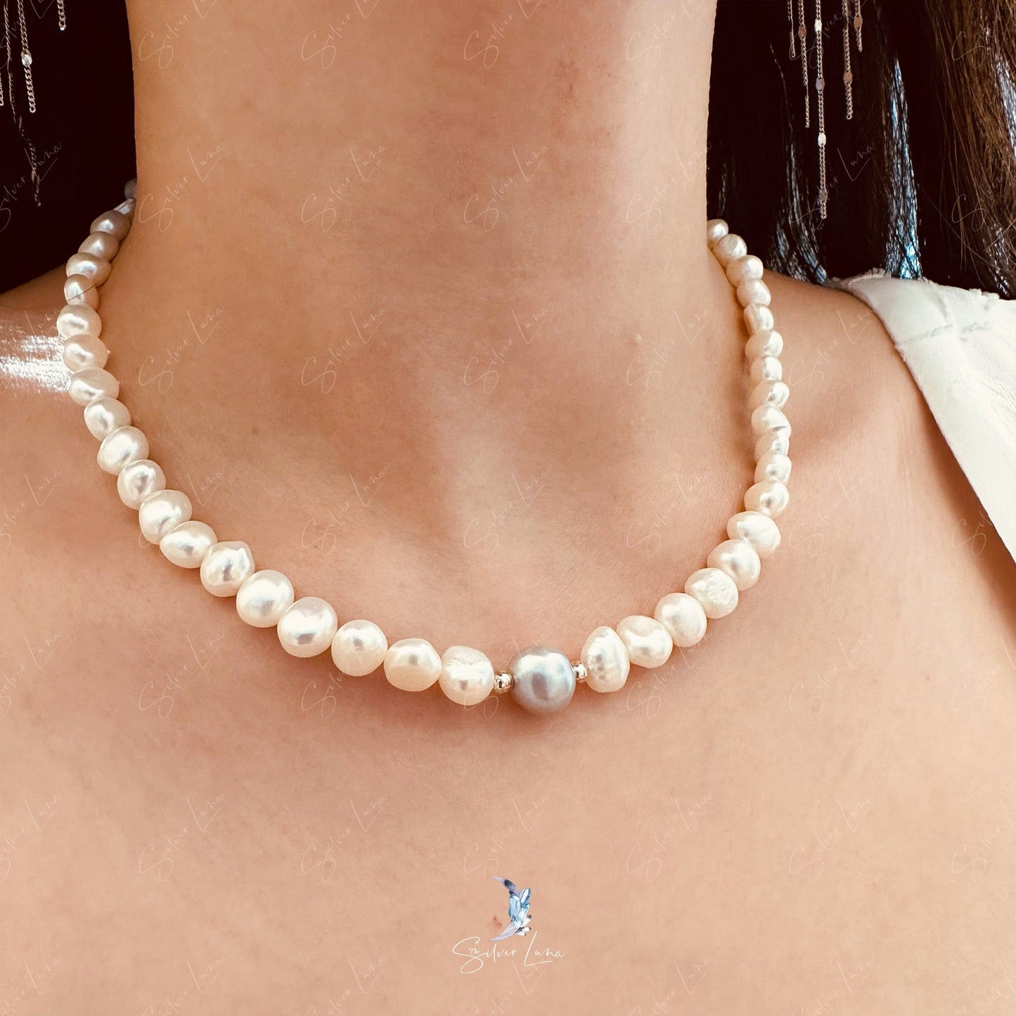 Freshwater Pearl Necklace with Silver Beads