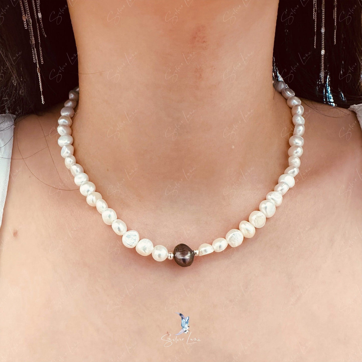 Freshwater Pearl Necklace with Silver Beads