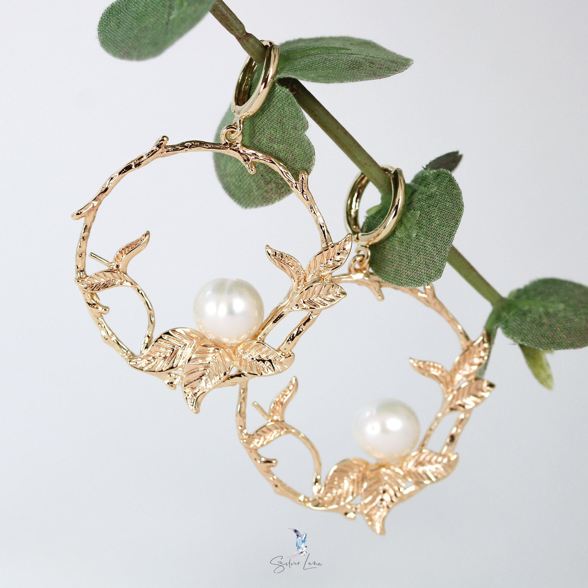 pearl on branch dangle drop earrings