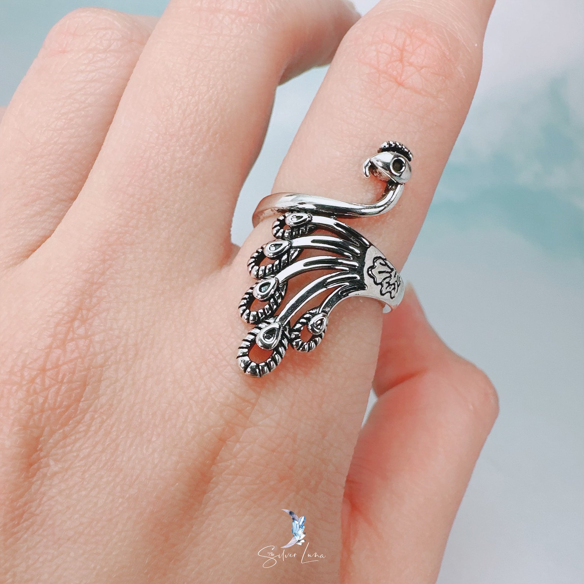 bohemian peacock adjustable ring