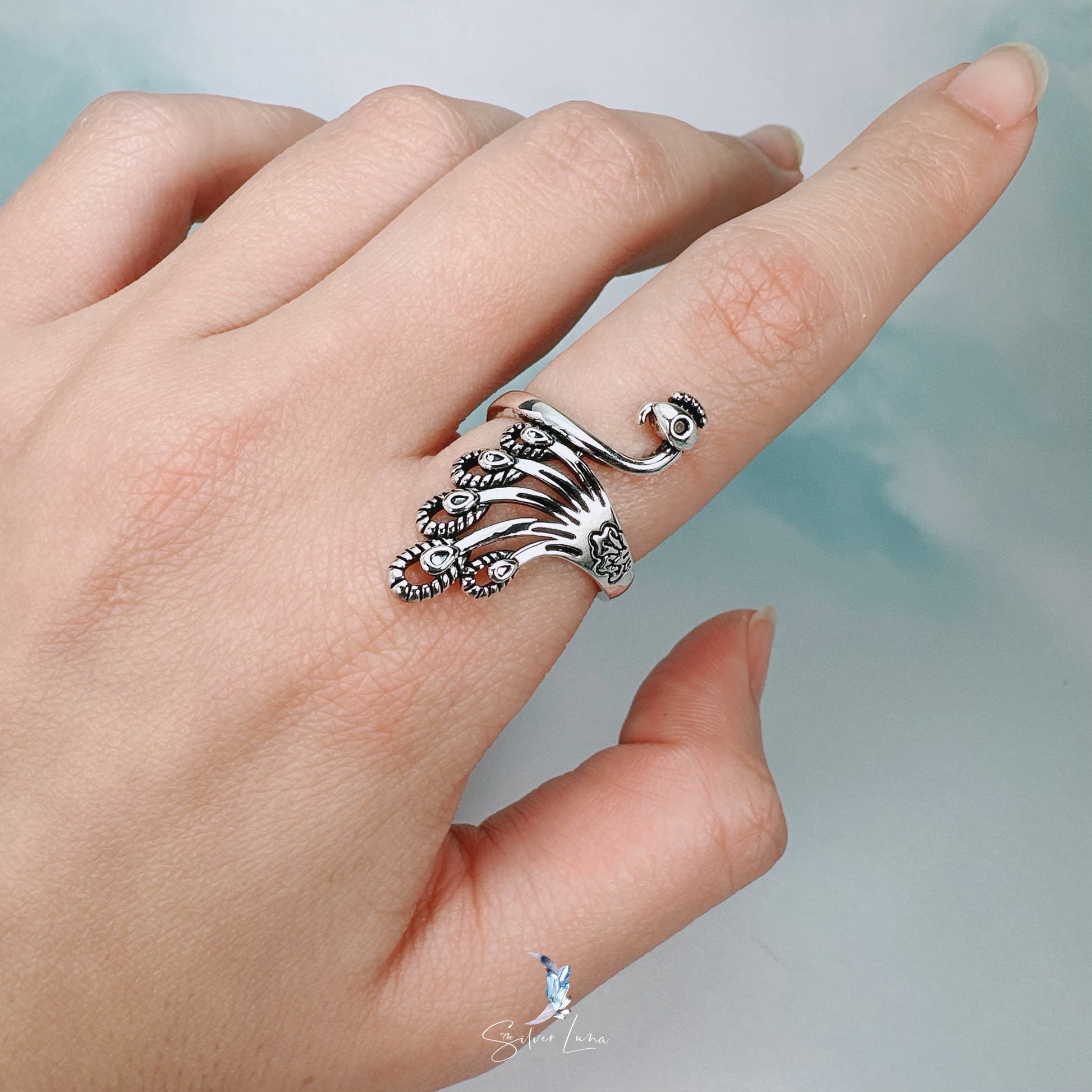 bohemian peacock open band ring