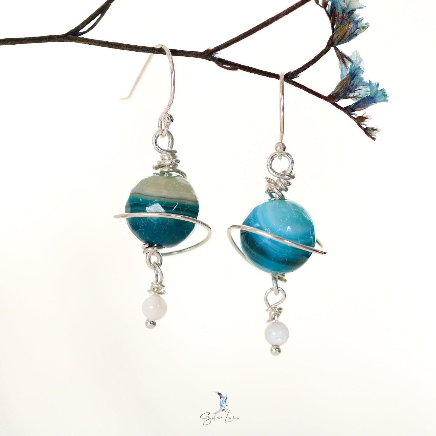 Blue agate planet sterling silver dangle drop earrings and pendant necklace