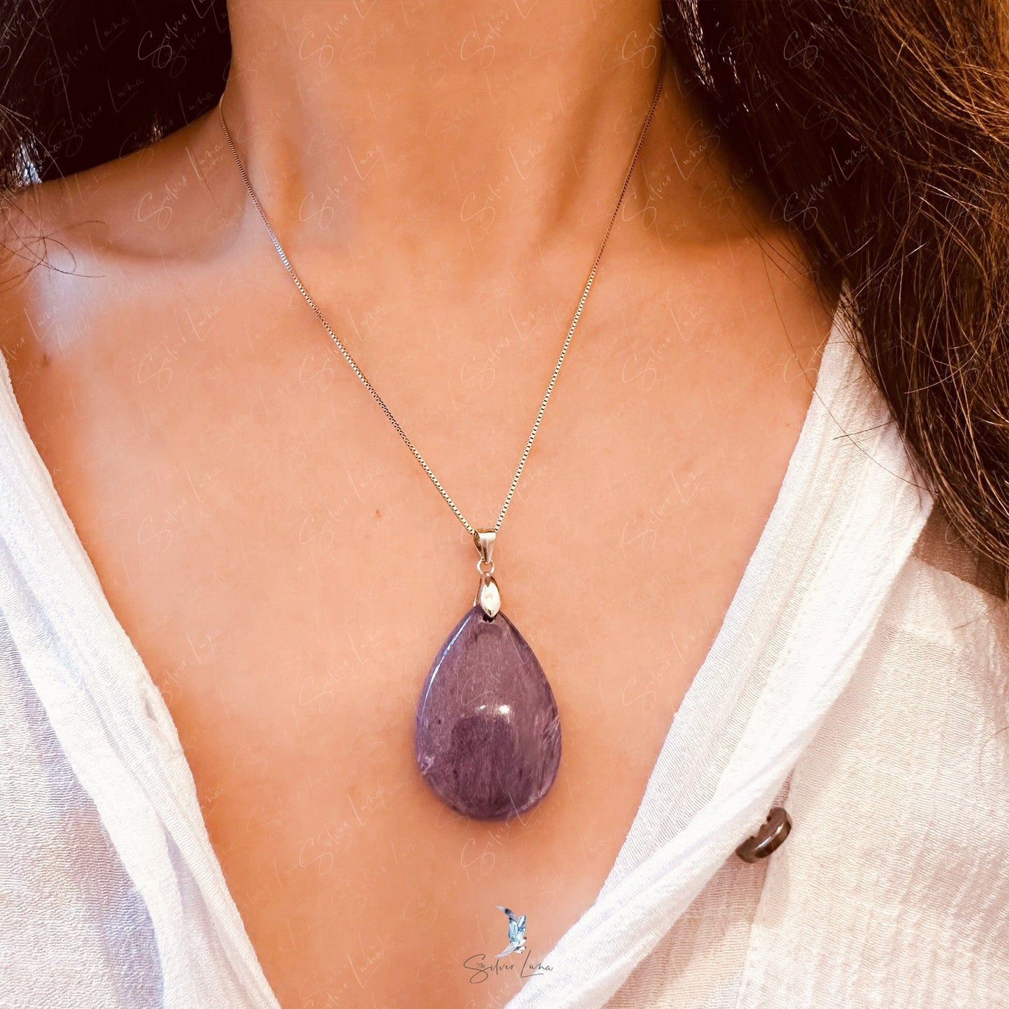 Purple Charoite teardrop pendant necklace