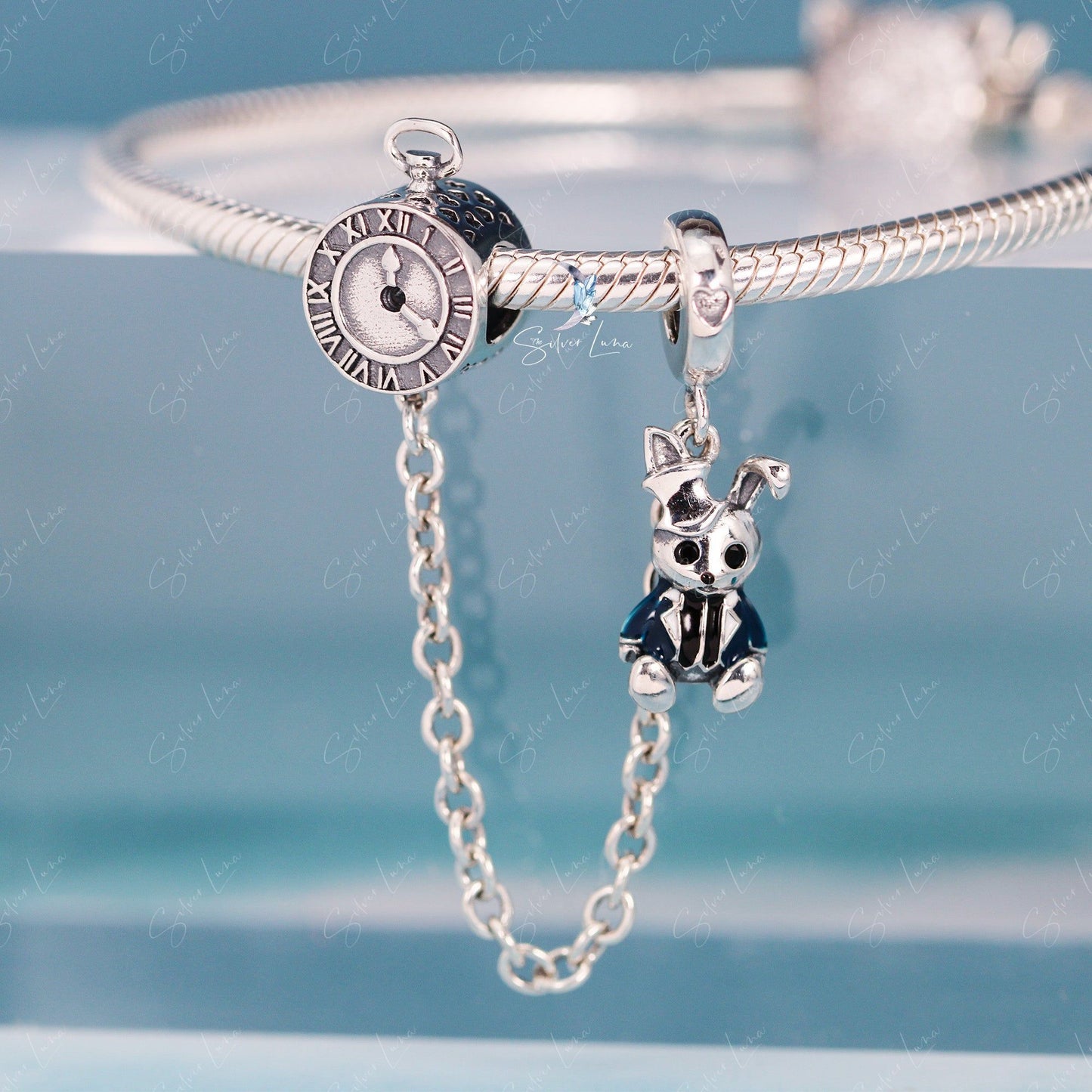 White rabbit and clock security chain for bracelets