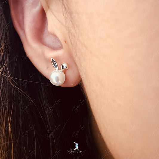 rabbit pearl stud silver earrings