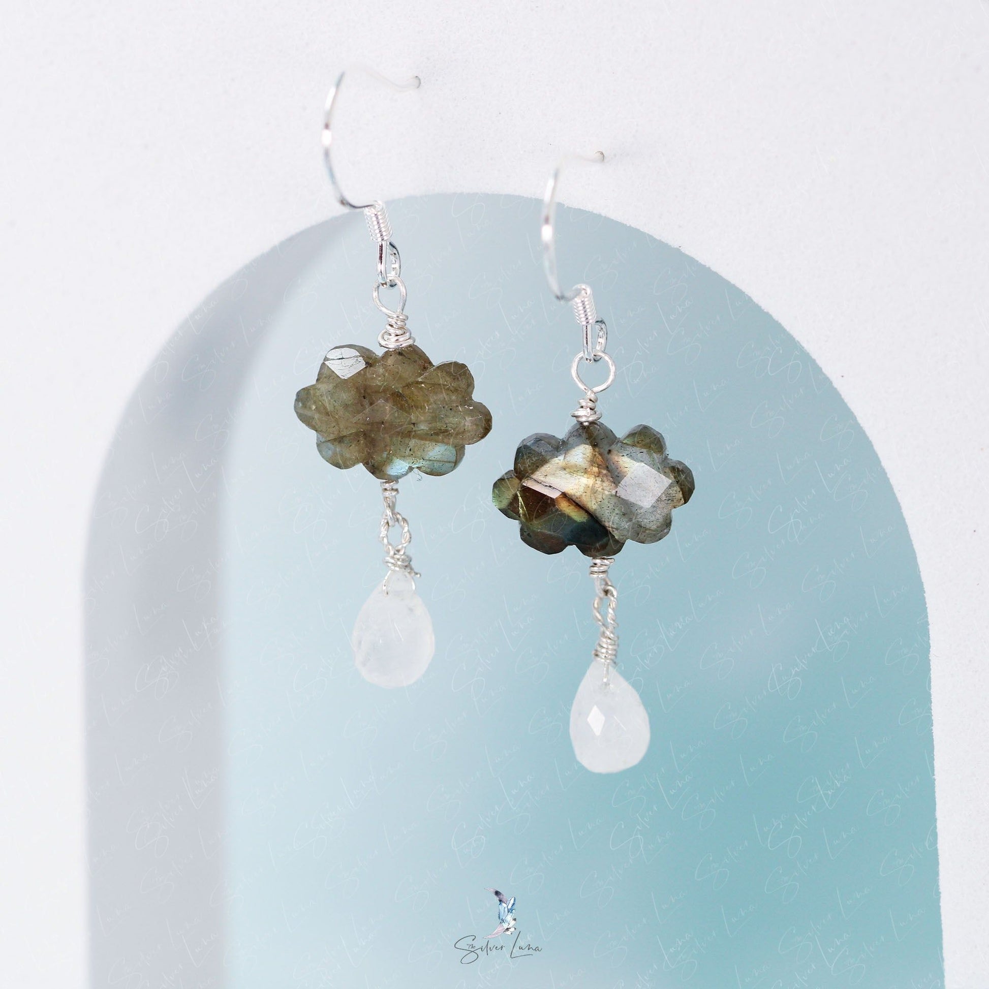 cloud labradorite rain drop moonstone silver earrings