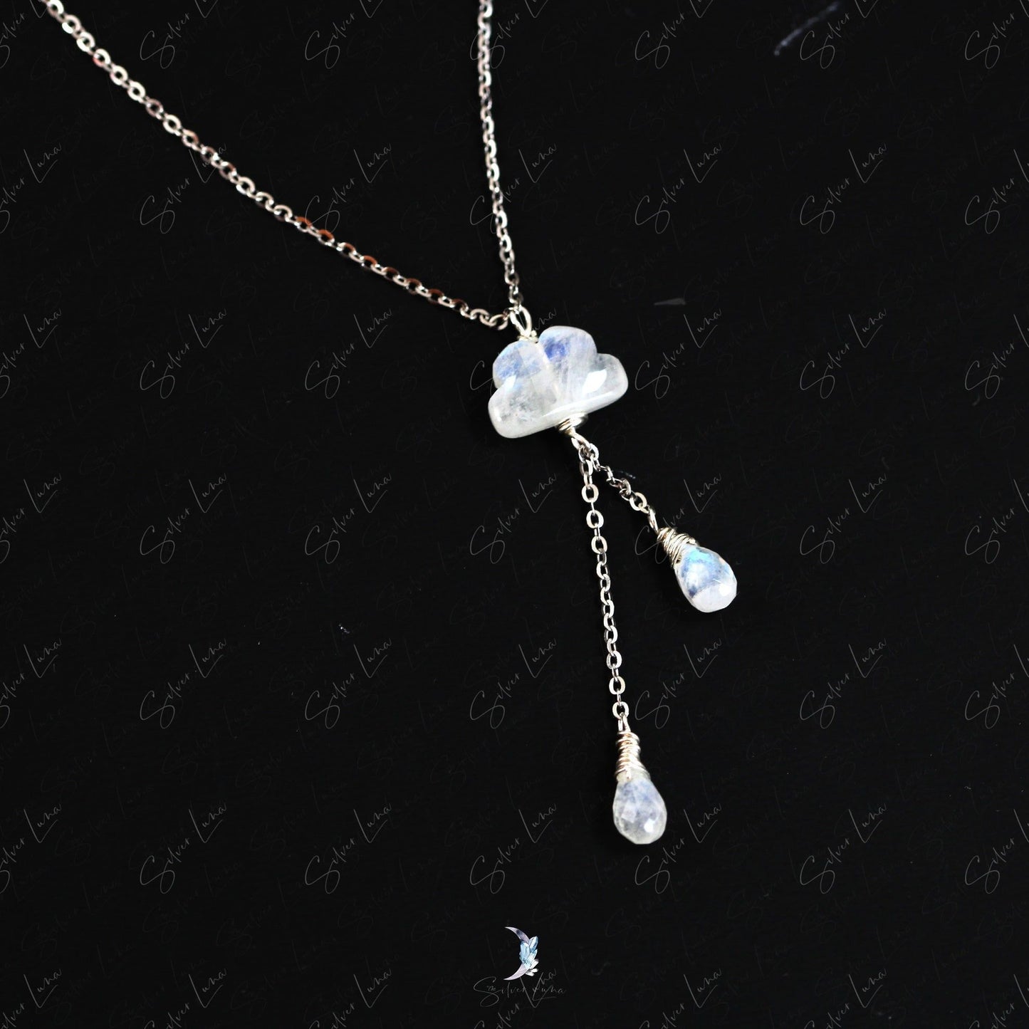 moonstone cloud and rain drop pendant necklace