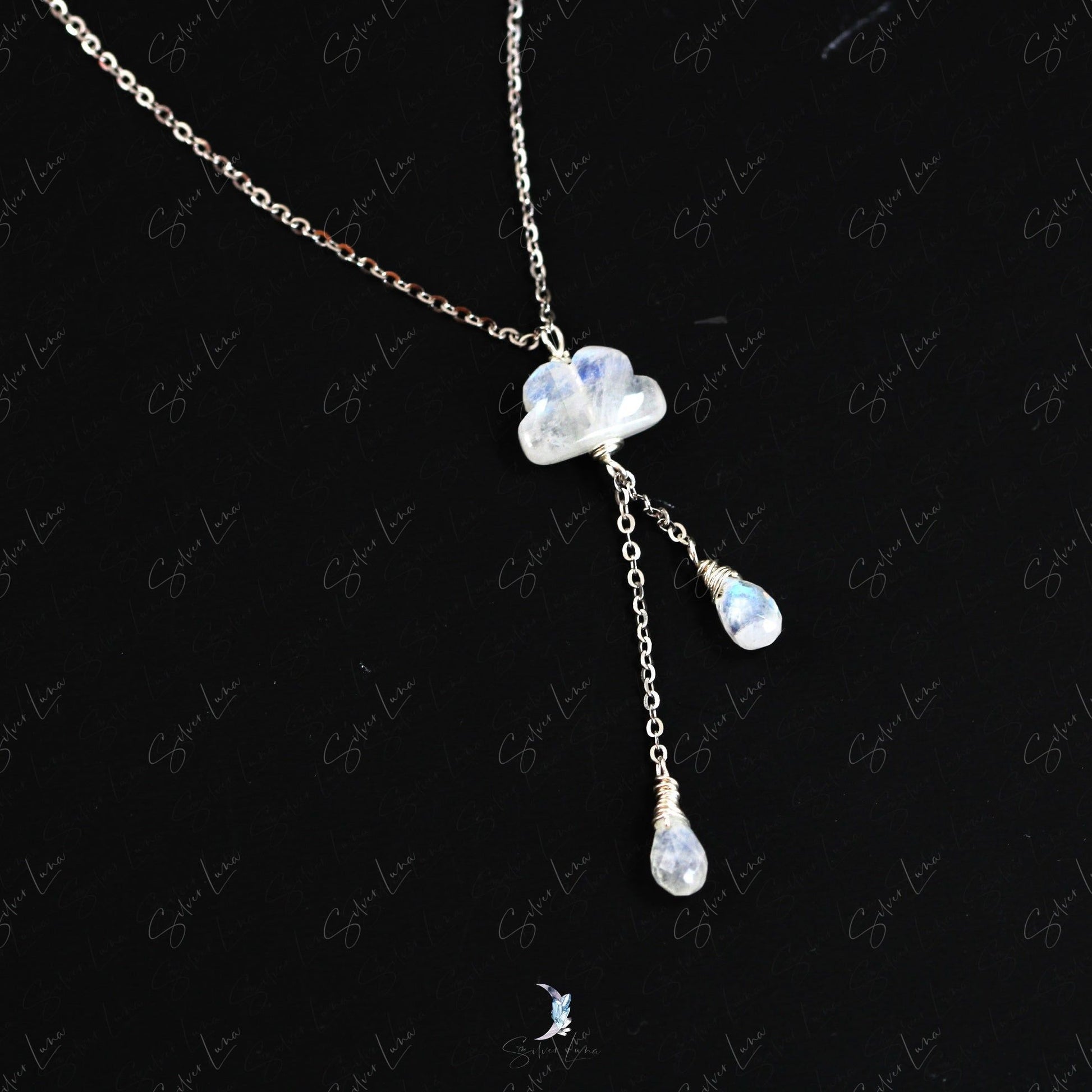 moonstone cloud and rain drop pendant necklace