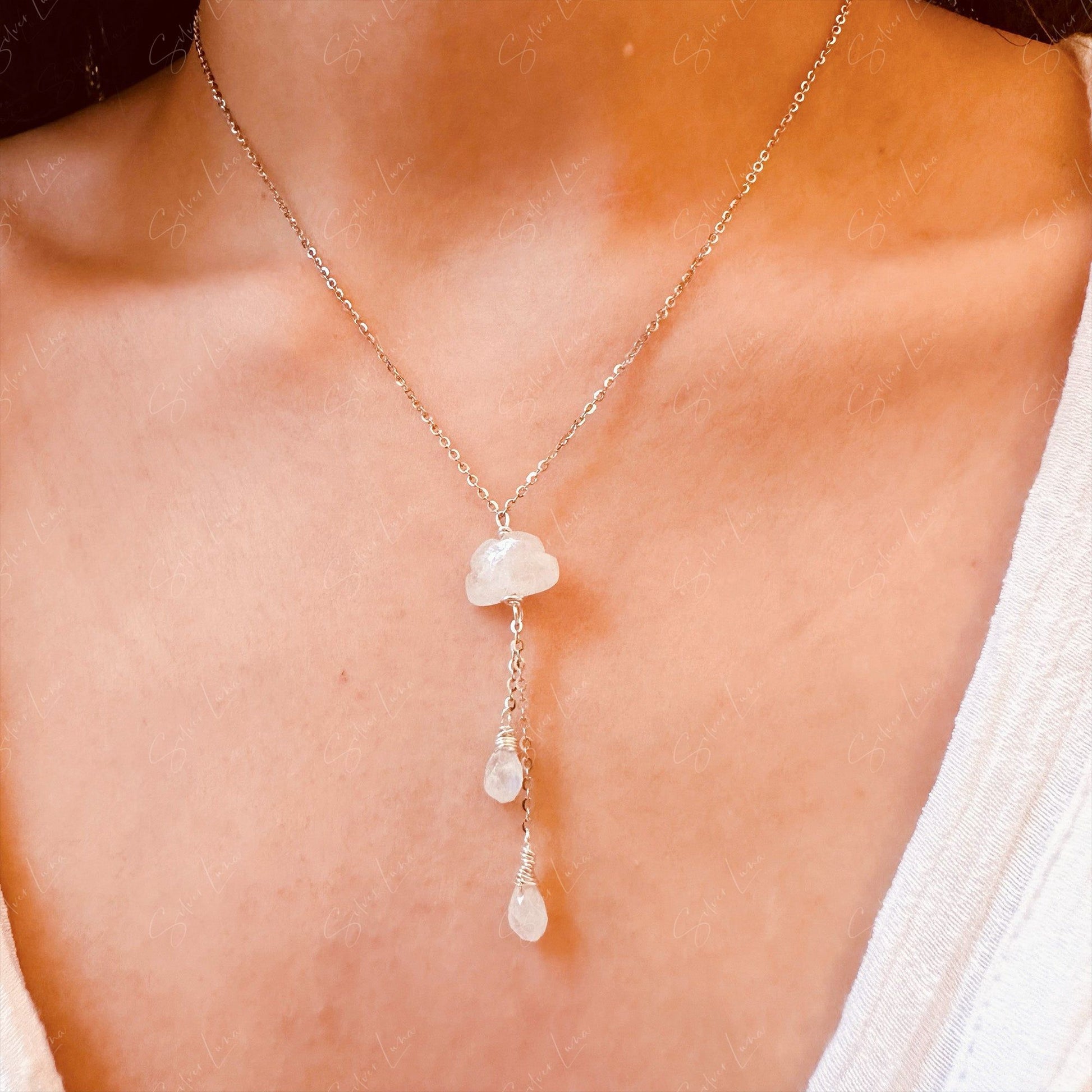 moonstone cloud and rain drop pendant necklace