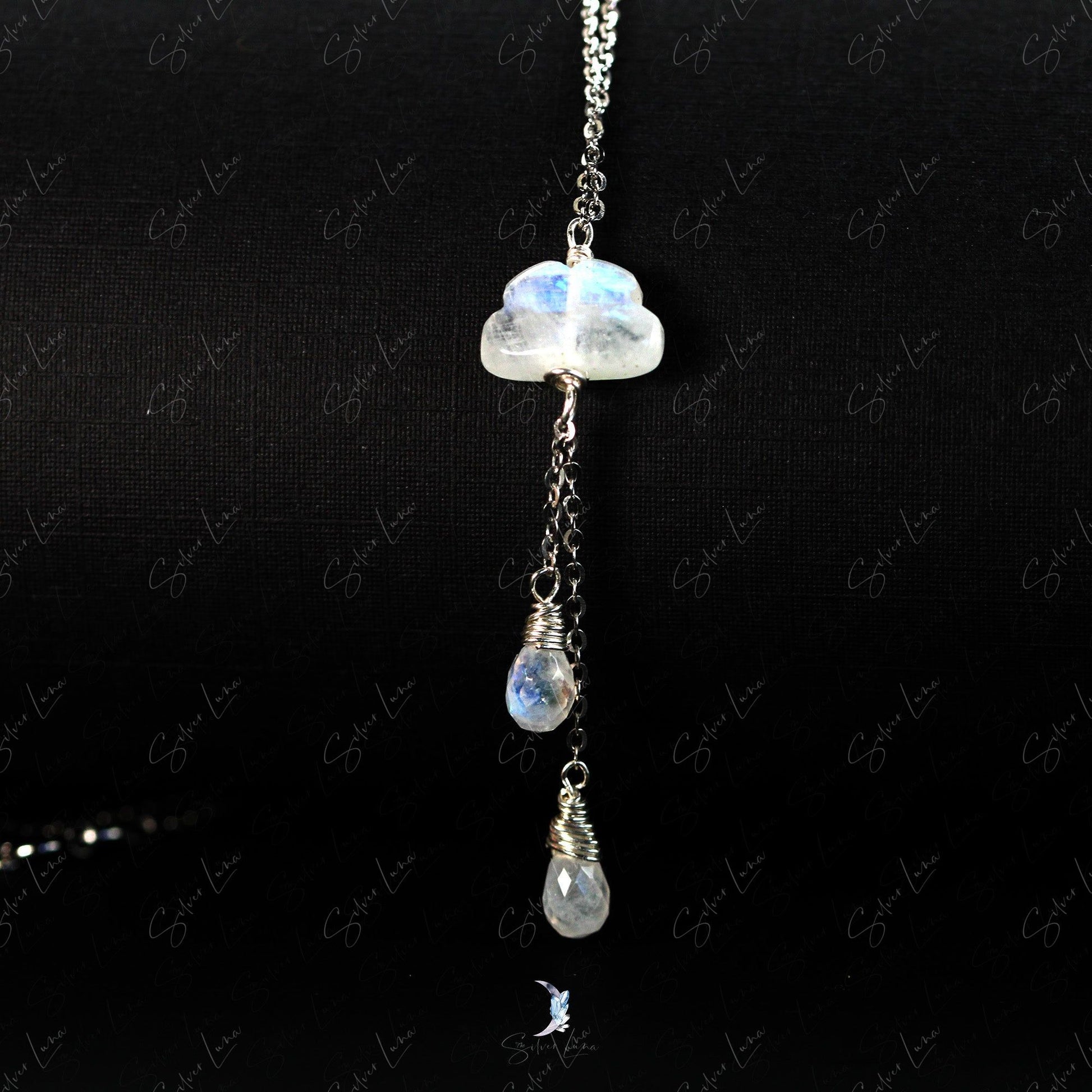 moonstone cloud and rain drop pendant necklace