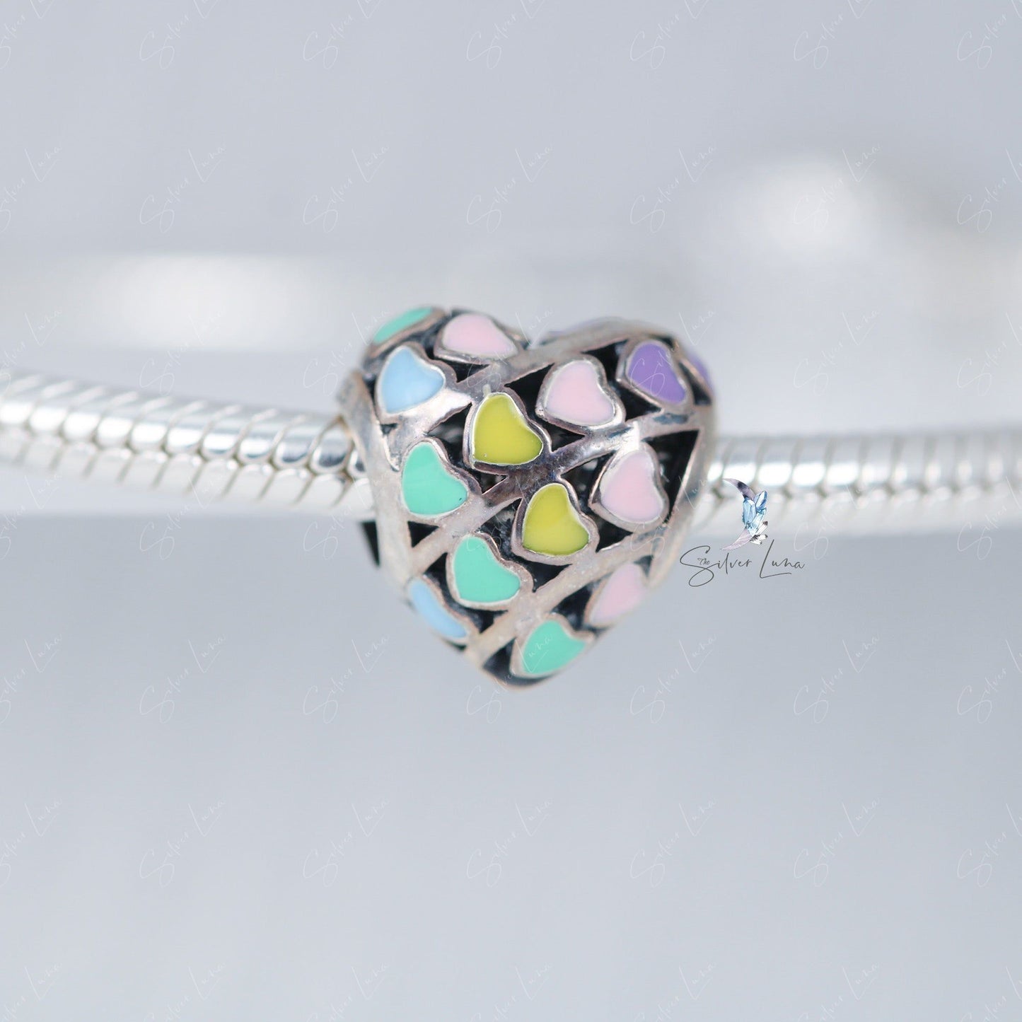 Rainbow sterling silver heart charm for bracelet