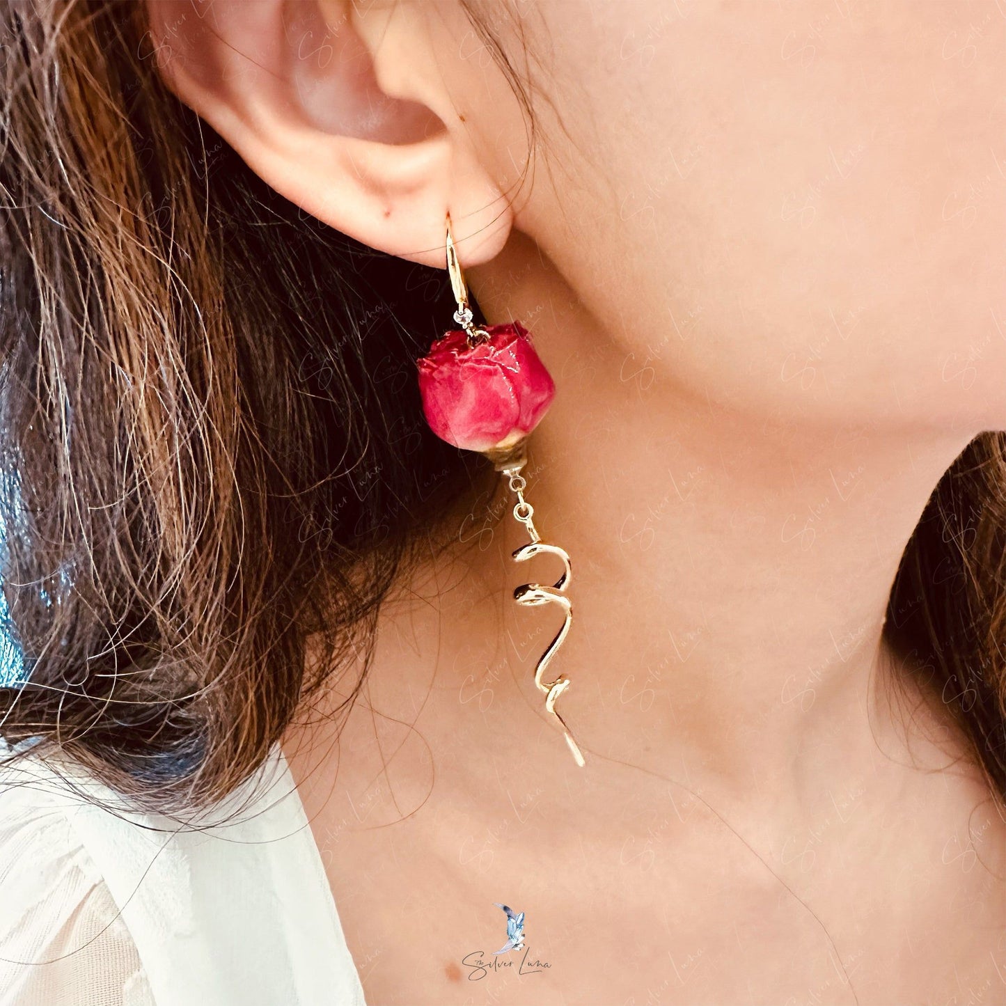 Real rose flower dangle drop earrings