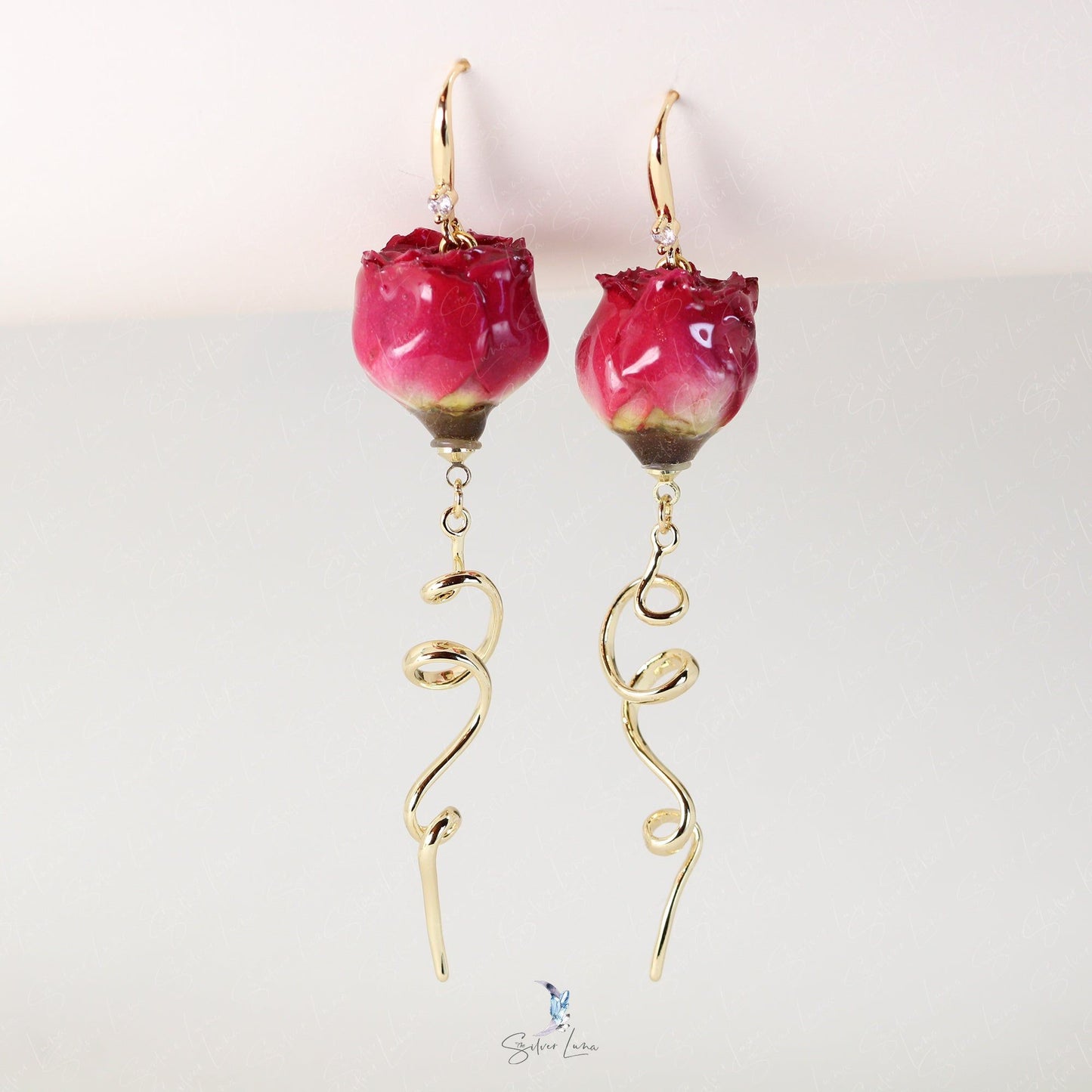 real rose flower dangle drop earrings