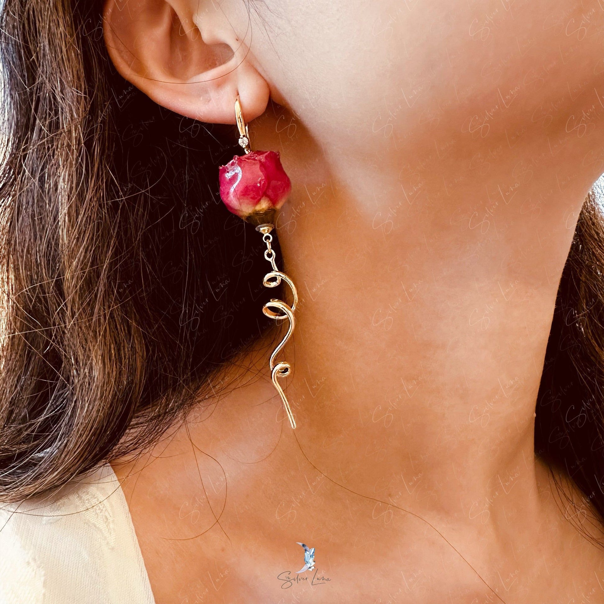real rose flower earrings