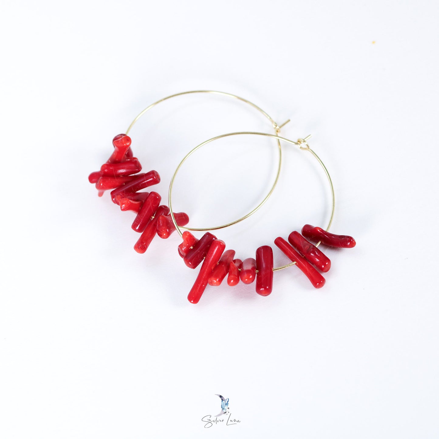 Red Coral bead hoop earrings