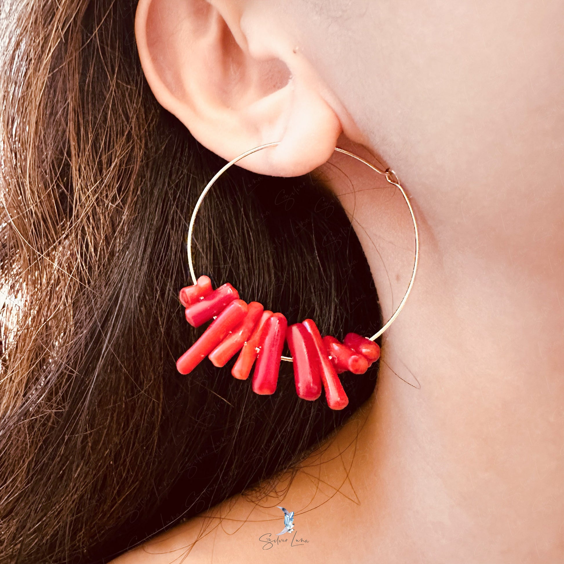 red Coral bead hoop earrings