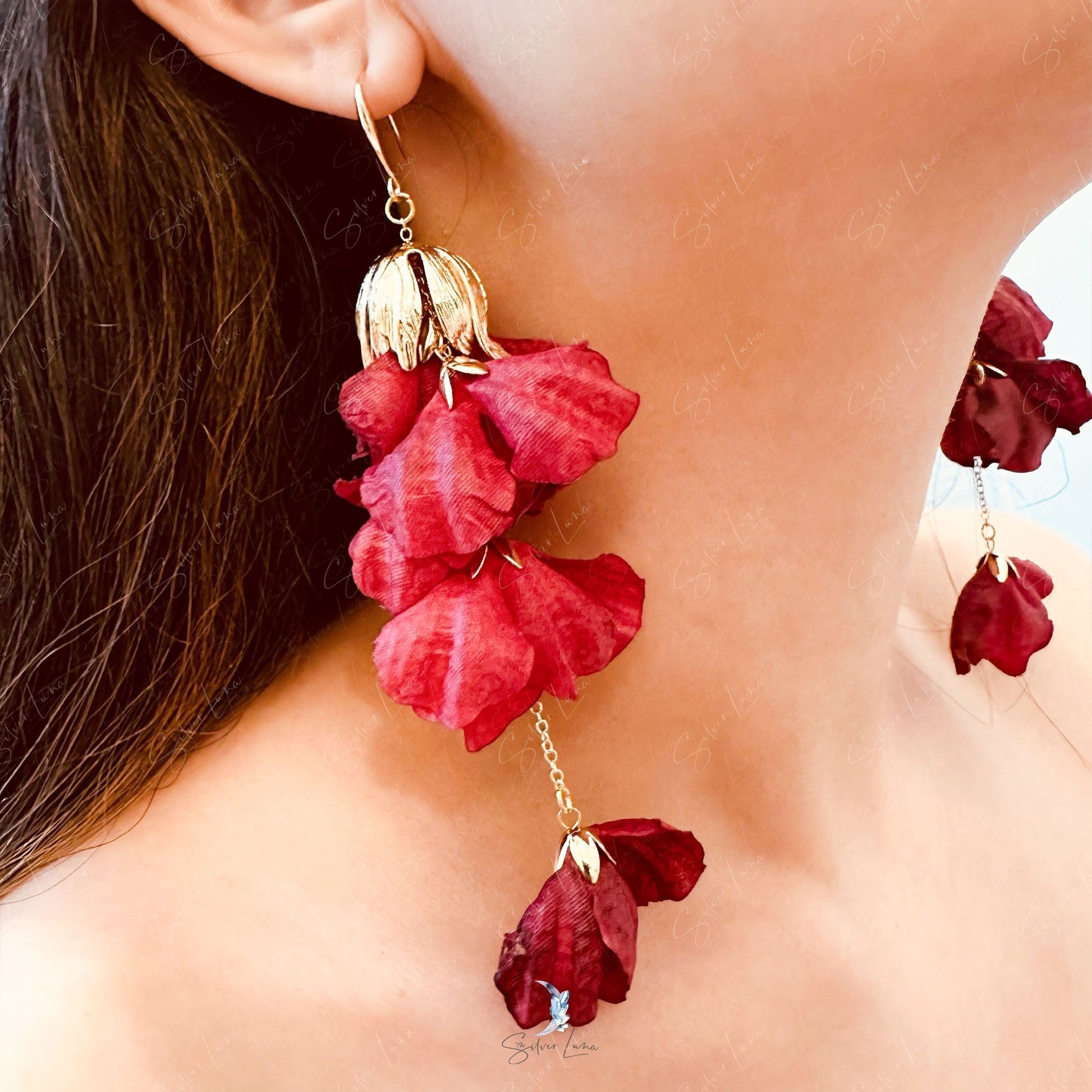 red bridal flower earrings