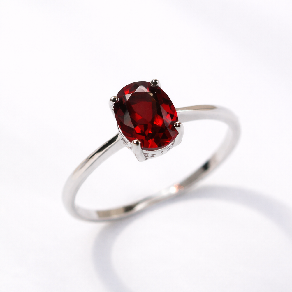 Natural red garnet oval cut sterling silver ring