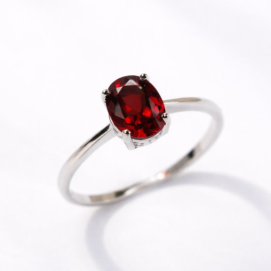 Natural red garnet oval cut sterling silver ring