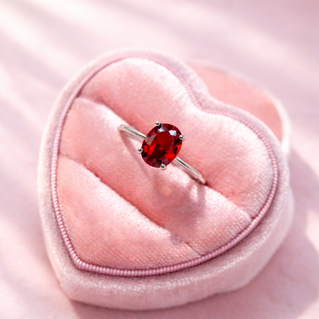 Natural red garnet oval cut sterling silver ring