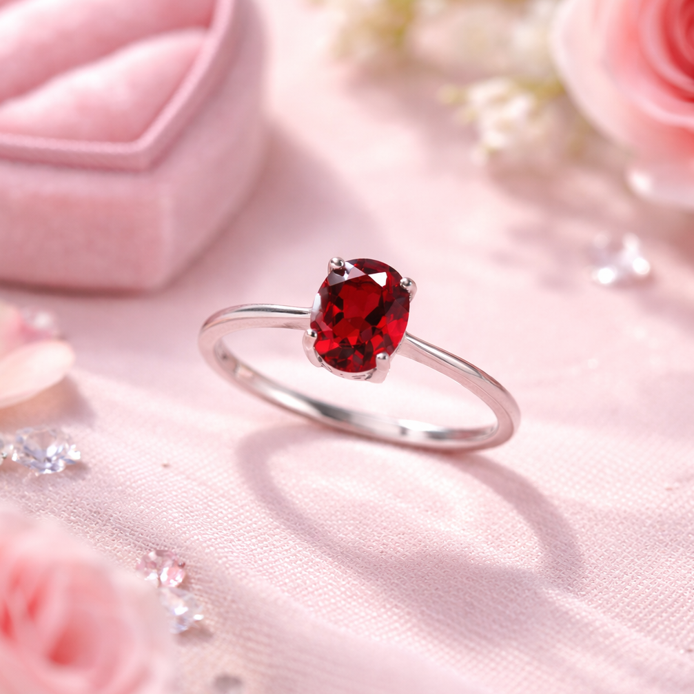 Natural red garnet oval cut sterling silver ring