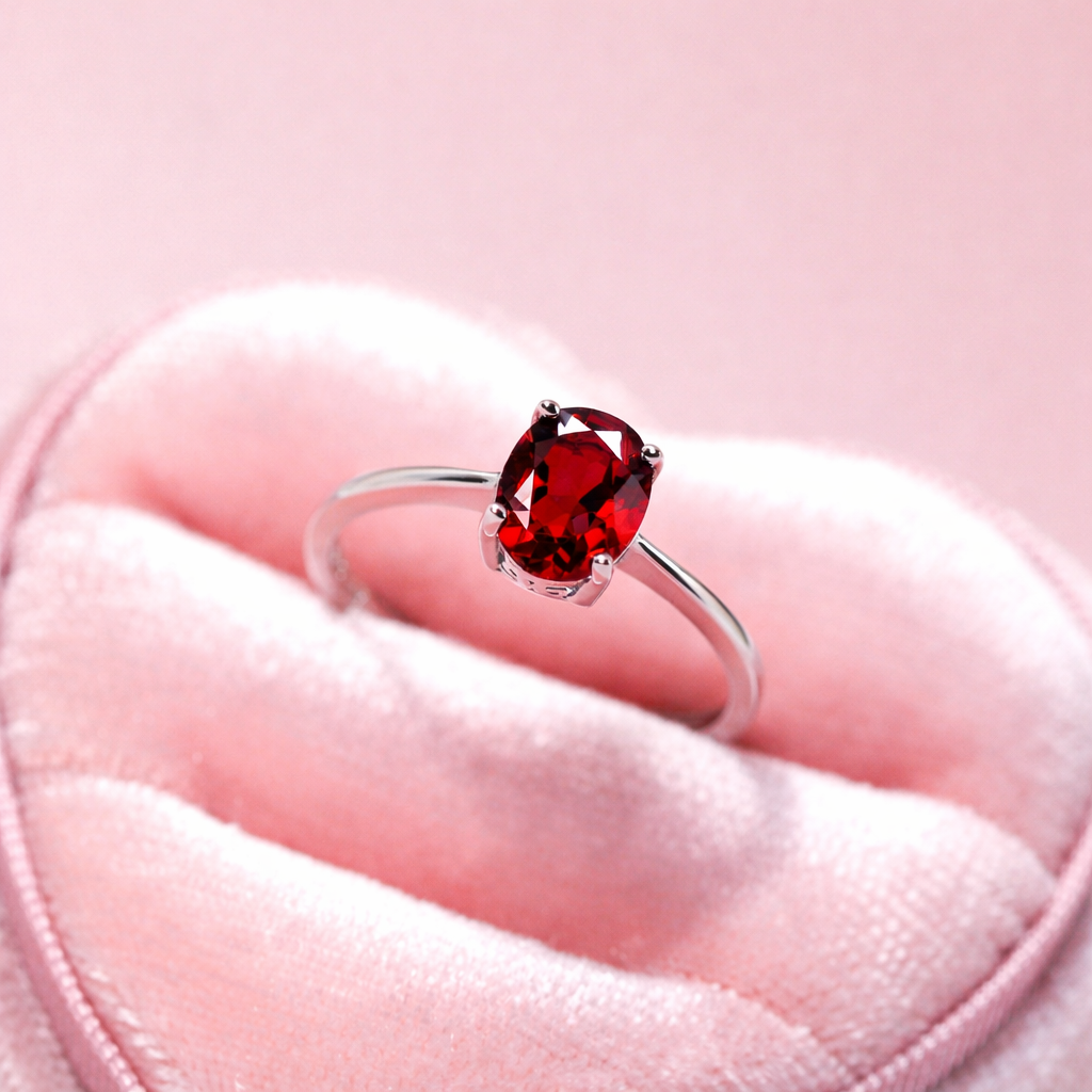 Natural red garnet oval cut sterling silver ring