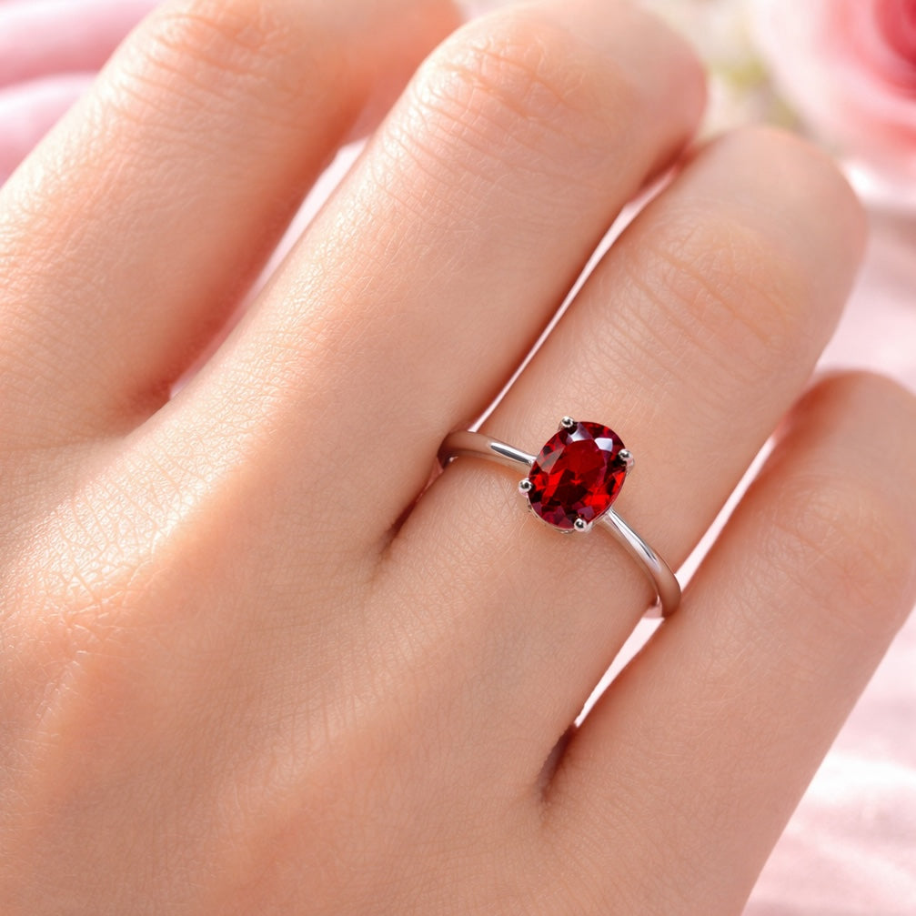 Natural red garnet oval cut sterling silver ring