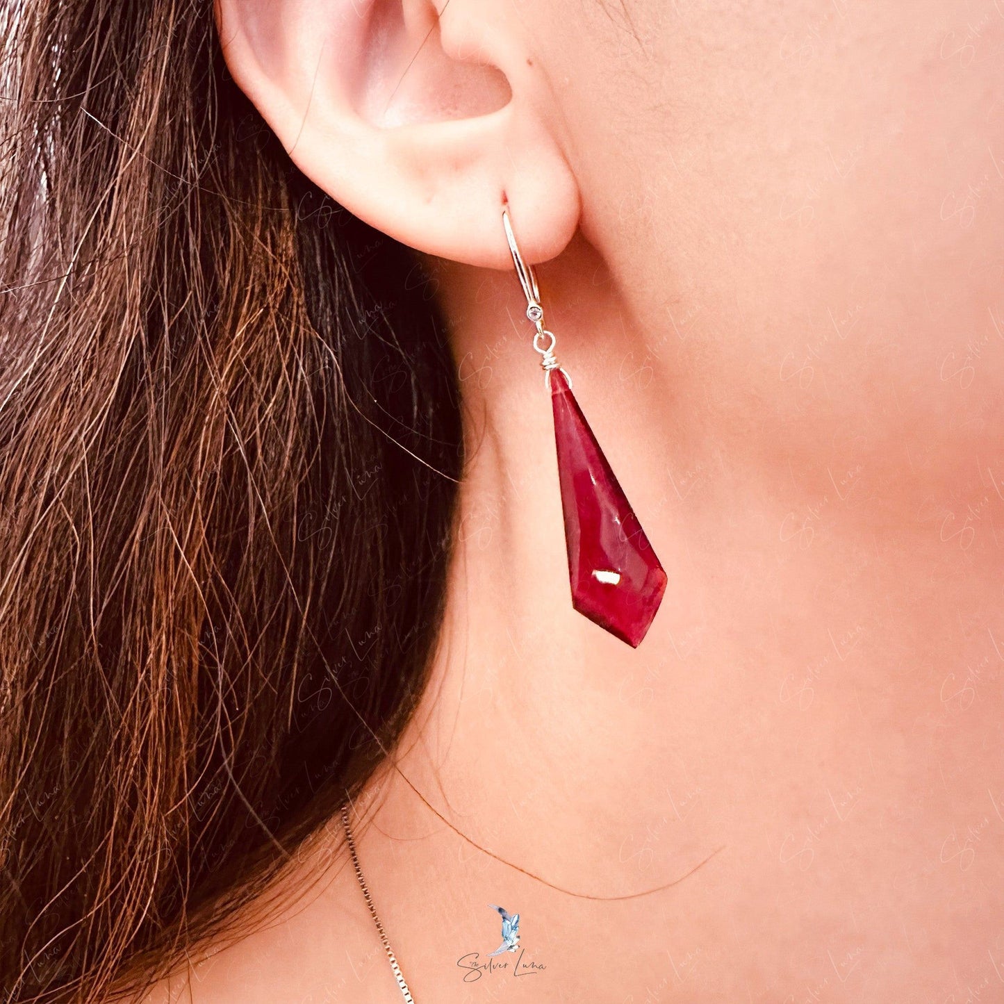 red garnet silver dangle drop earrings